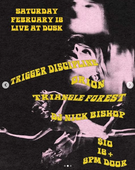 Flyer for 'Trigger Discipline, Orion, Triangle Forest, DJ Nick Bishop'