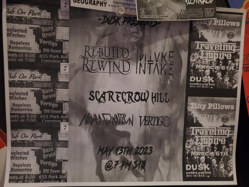 Flyer for 'Rebuild Rewind, Intake Intake, Scarecrow Hill, ABsurd Lunsition?, Vertigo'
