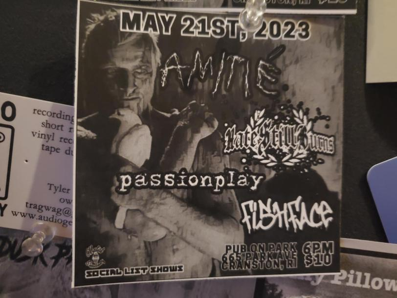 Flyer for 'Amitie, Passionplay, Fishface, Sate Still Burns'