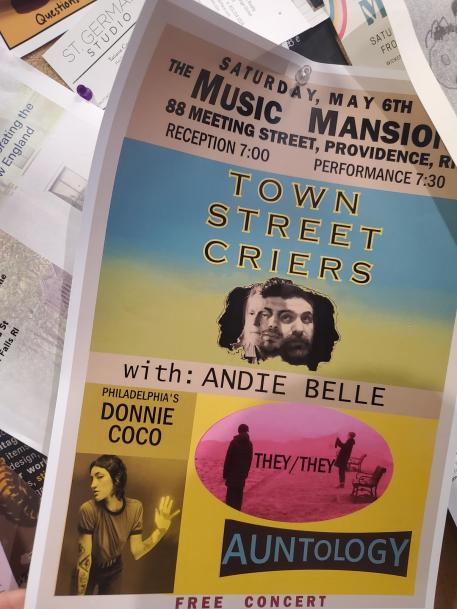 Flyer for 'Town street criers, andie Belle, Donnie Coco, they they'