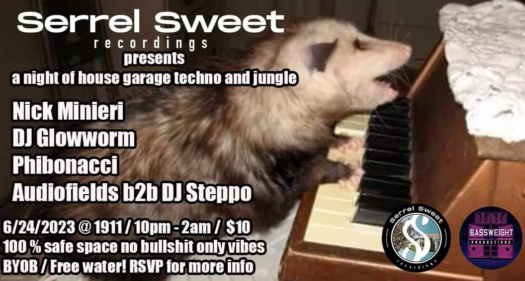 Flyer for 'Serrel Sweet Recordings launch party /Nick Minieri/Dj Glowworm/Phibonacci/DJ Steppo and Audiofields'