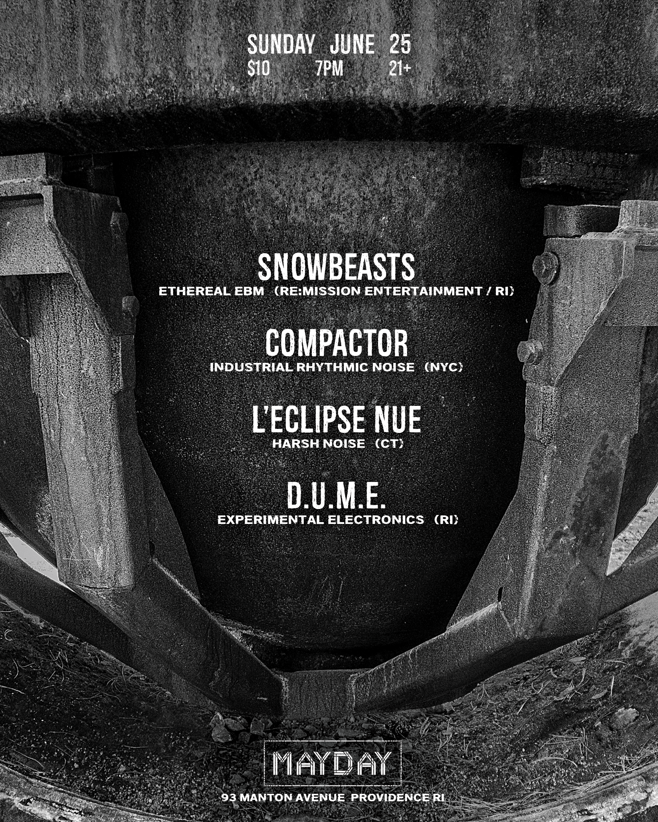 Flyer for 'Snowbeasts, Compactor, L’Eclipse Nue, D.U.M.E'