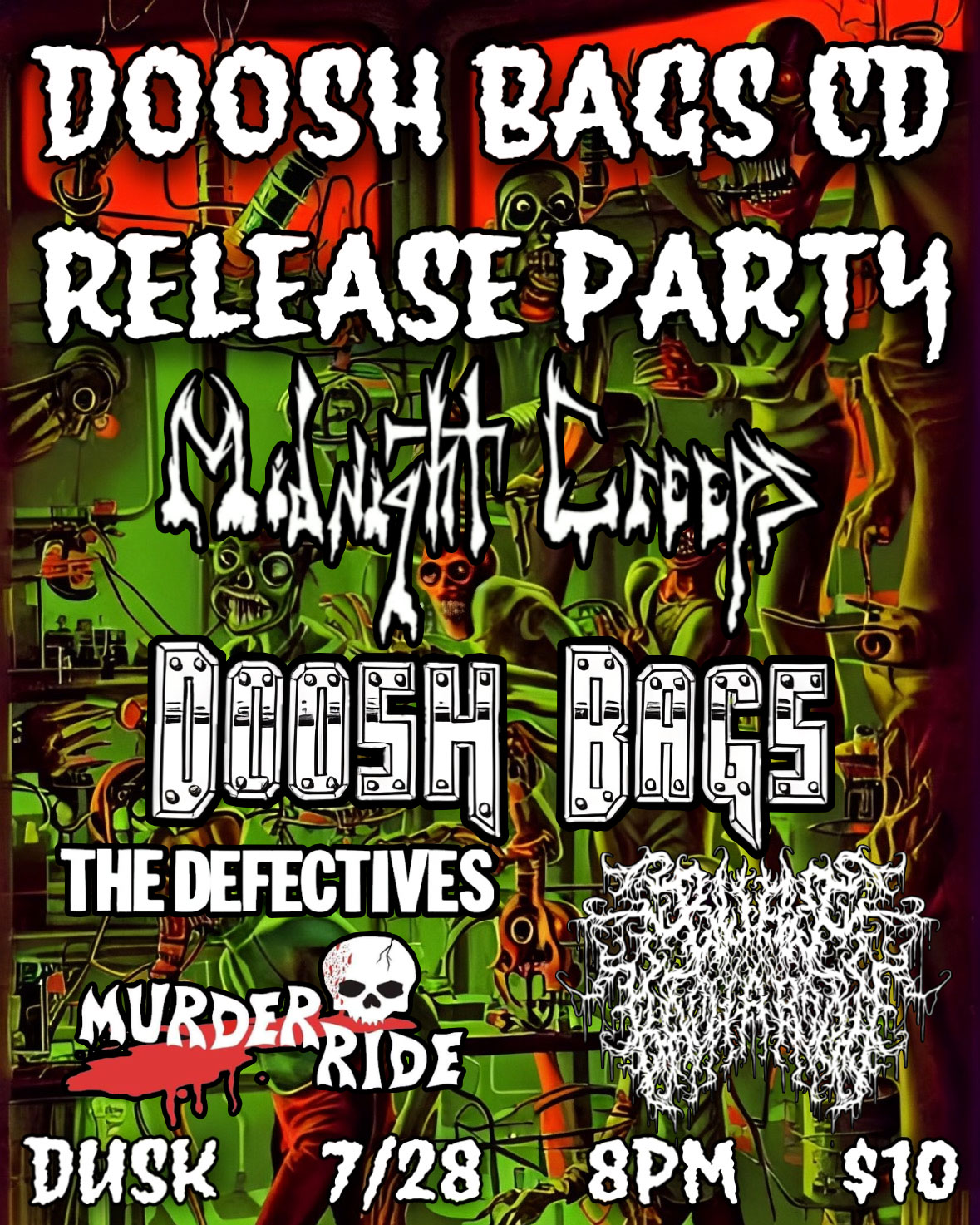 Flyer for 'Midnight Creeps / Doosh Bags / Murder Ride / Burt Bacharach / The Defectives'