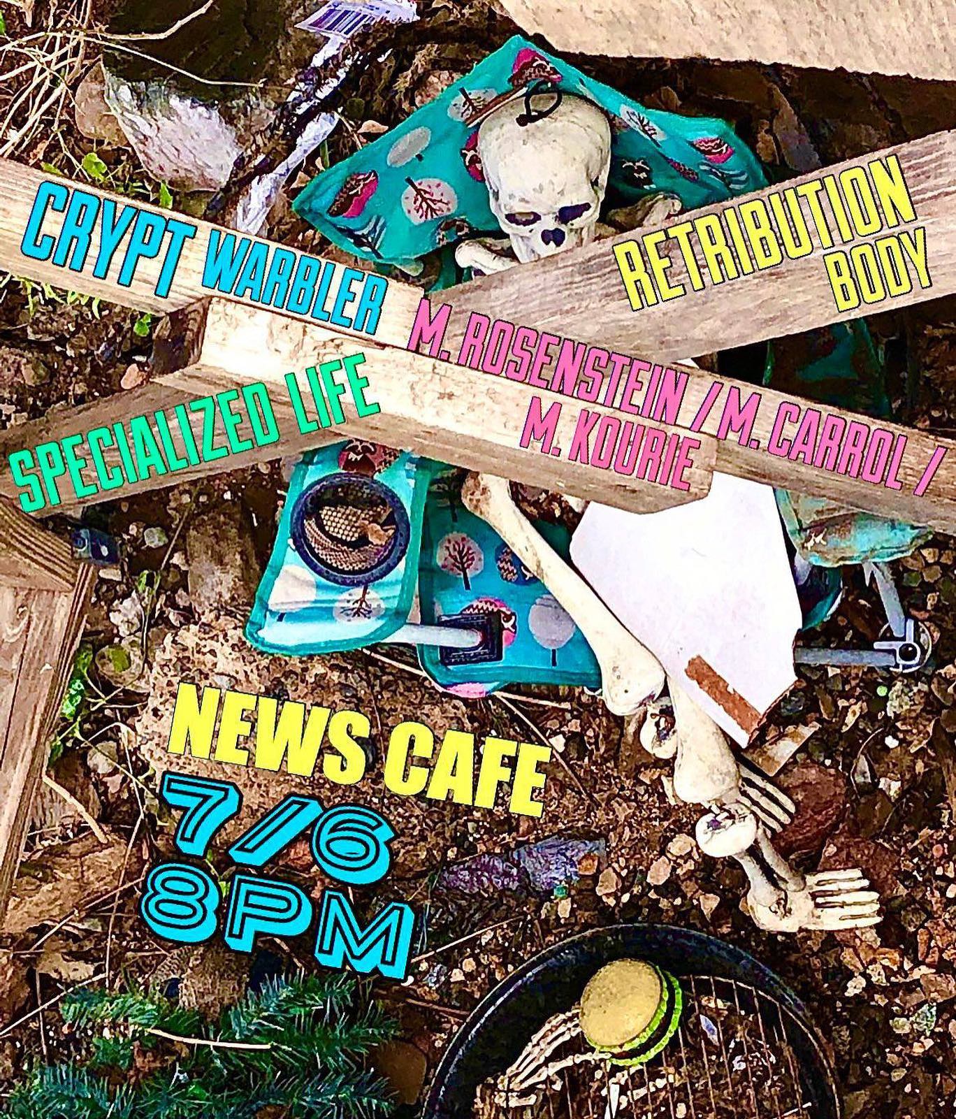 Flyer for 'Cryptwarbler, Retribution Body, M. Rosenstein / M. Carrol / M. Kourie, Specialized Life'