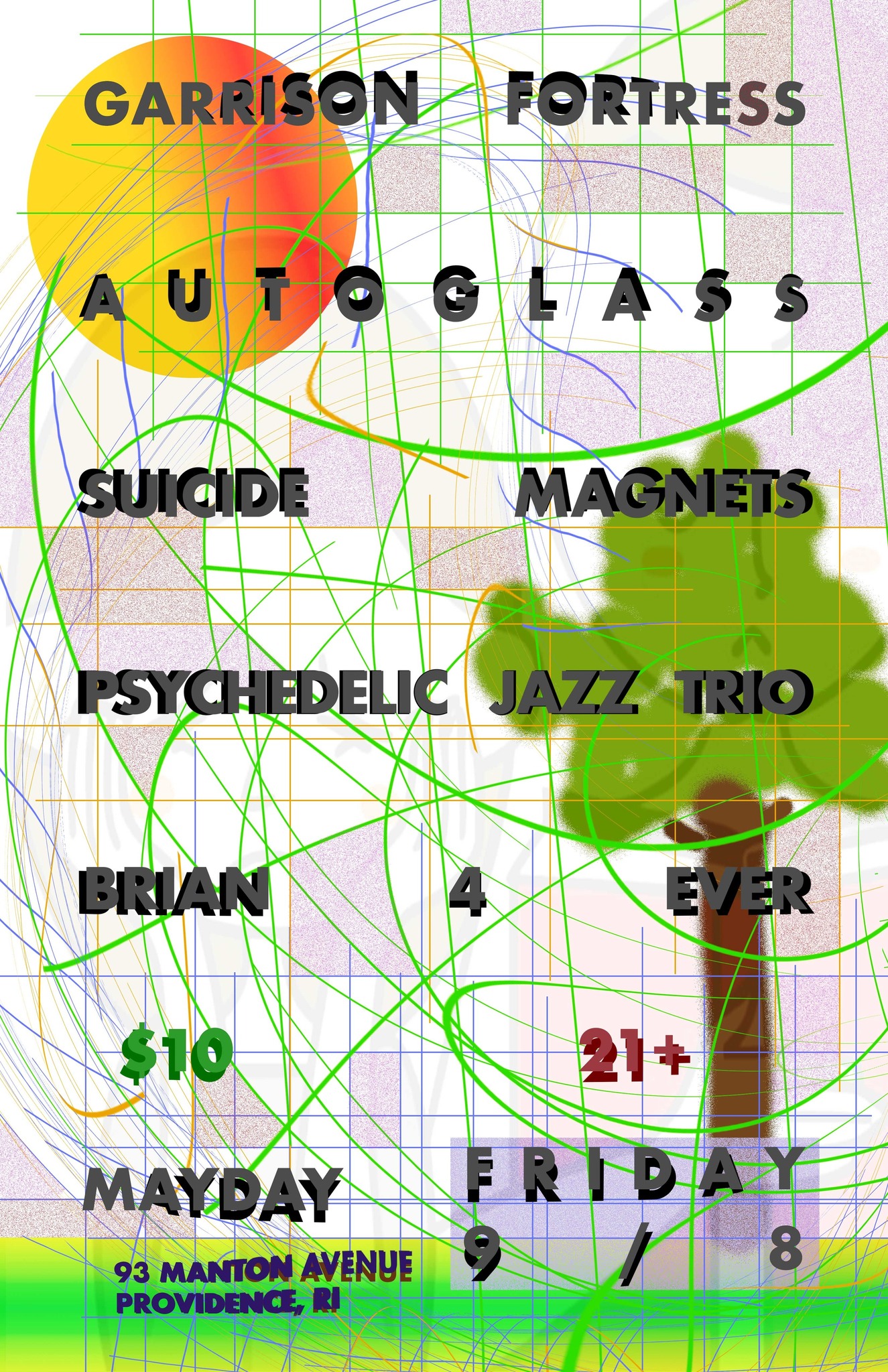 Flyer for 'Garrison Fortress, Autoglass, Psychedelic Jazz Trio, Brian 4 Ever, Suicide Magnets'