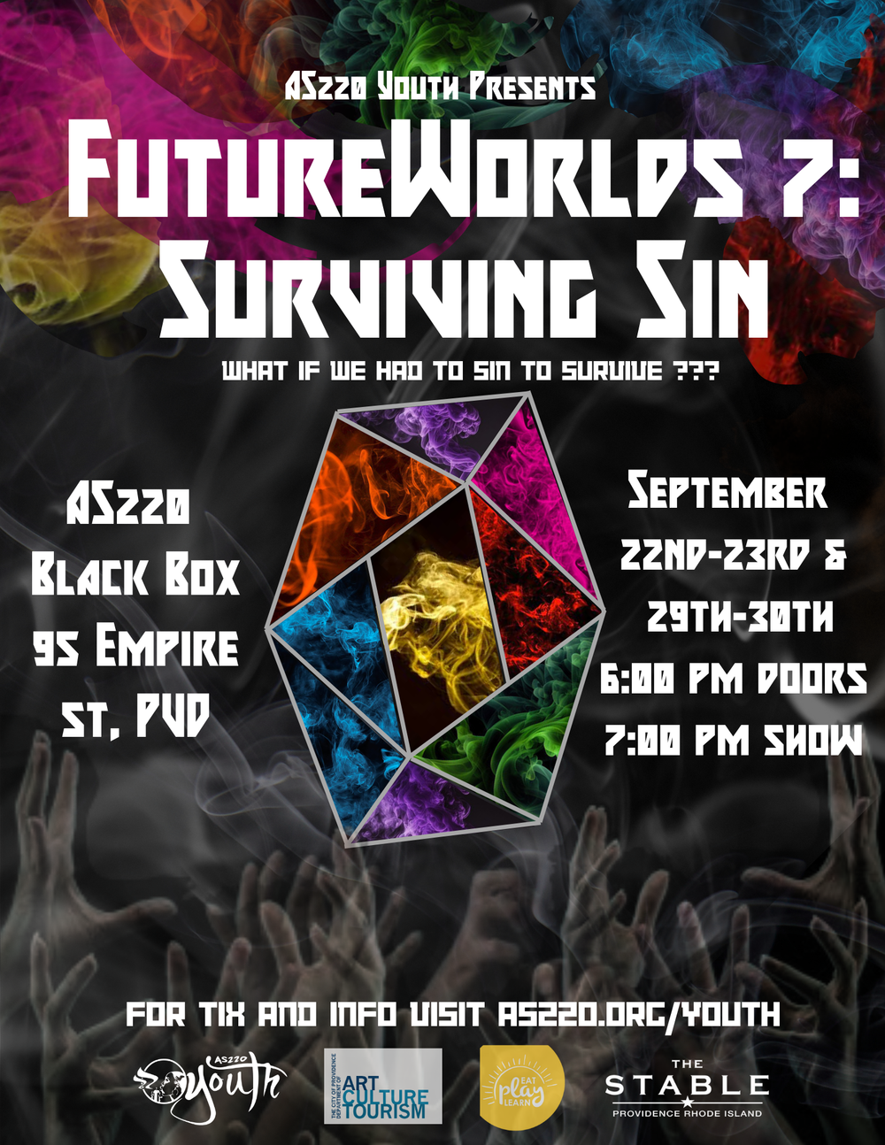 Flyer for 'AS220 Youth presents FutureWorlds 7: Surviving Sin'