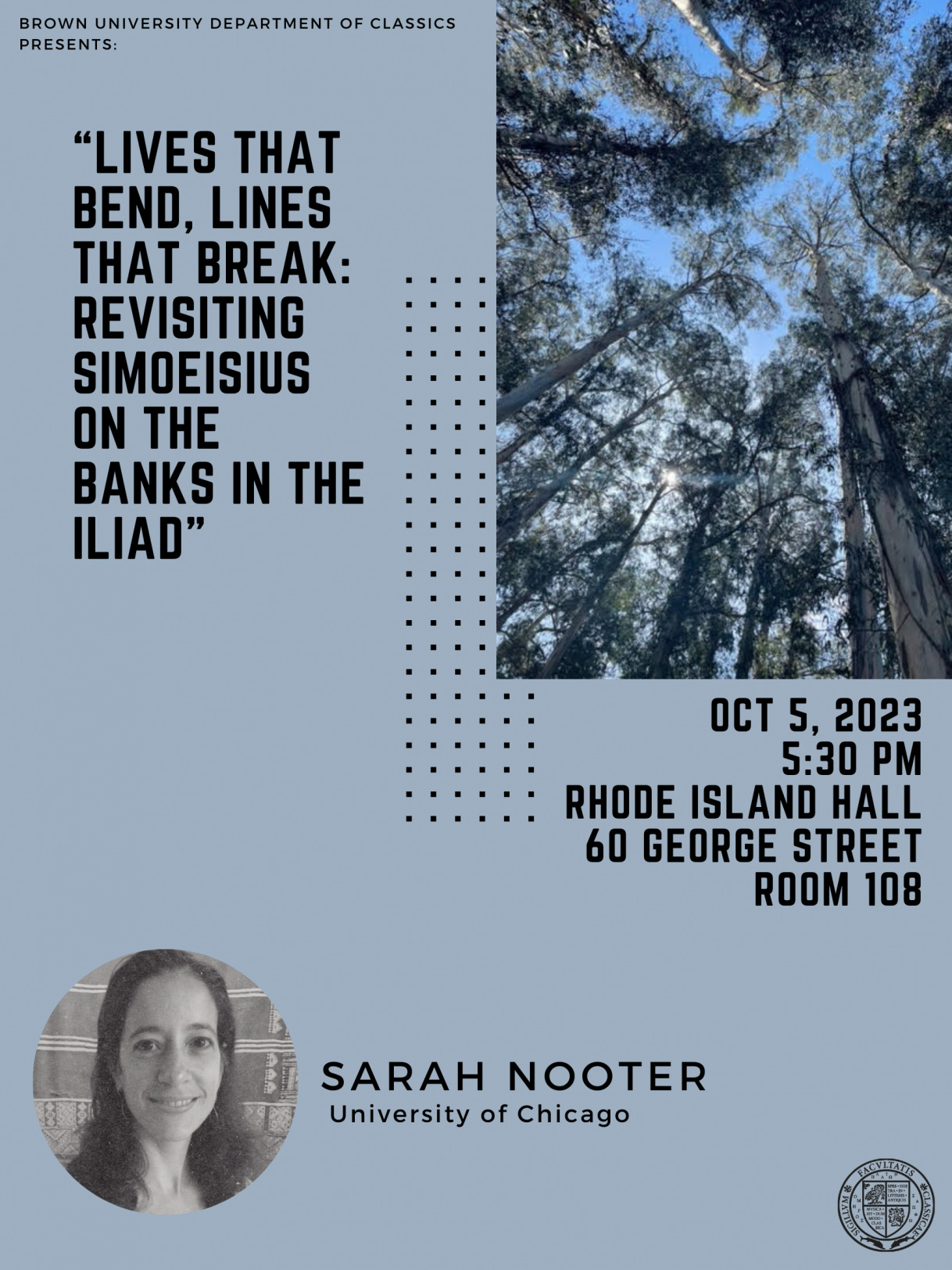 Flyer for '“Lives that bend, lines that break: revisiting Simoeisius on the banks in the Iliad”'