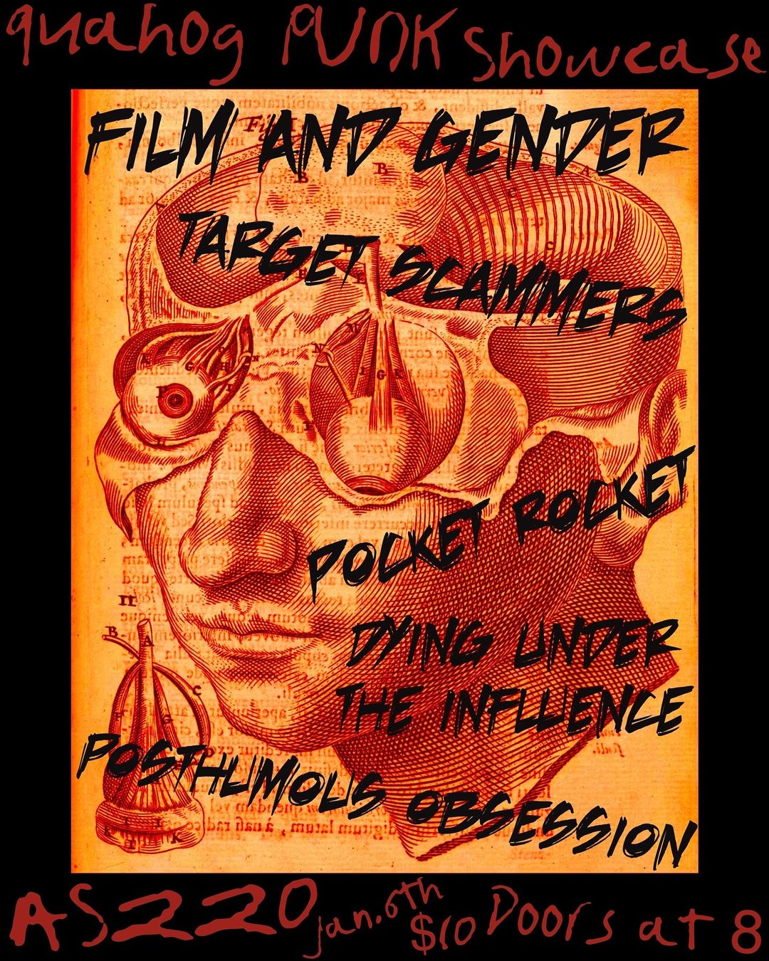 Flyer for 'Film and Gender, Target Scammers, Pocket Rocket, Dying Under the Influence, Posthumous Obsession'