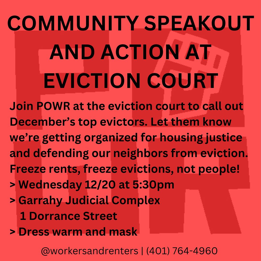 Flyer for 'community speakout and action at eviction court'