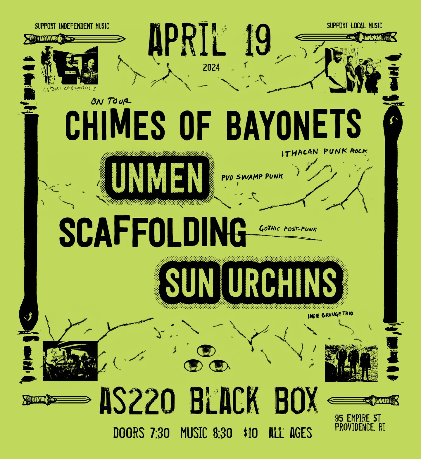 Flyer for 'Chimes of Bayonets // Unmen // Scaffolding // Sun Urchins'