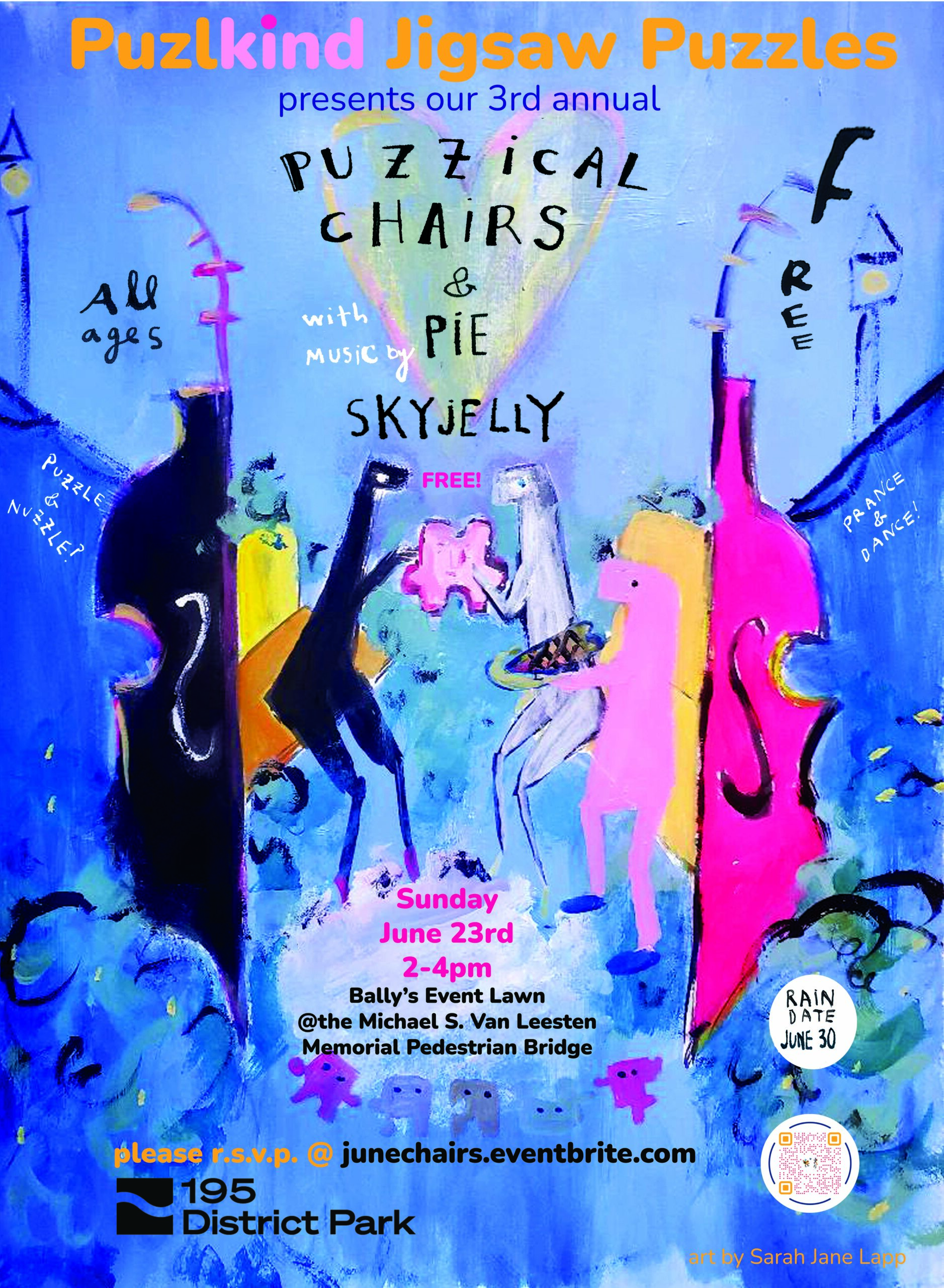 Flyer for 'Puzzical Chairs & Pie with Live Music by Skyjelly!'