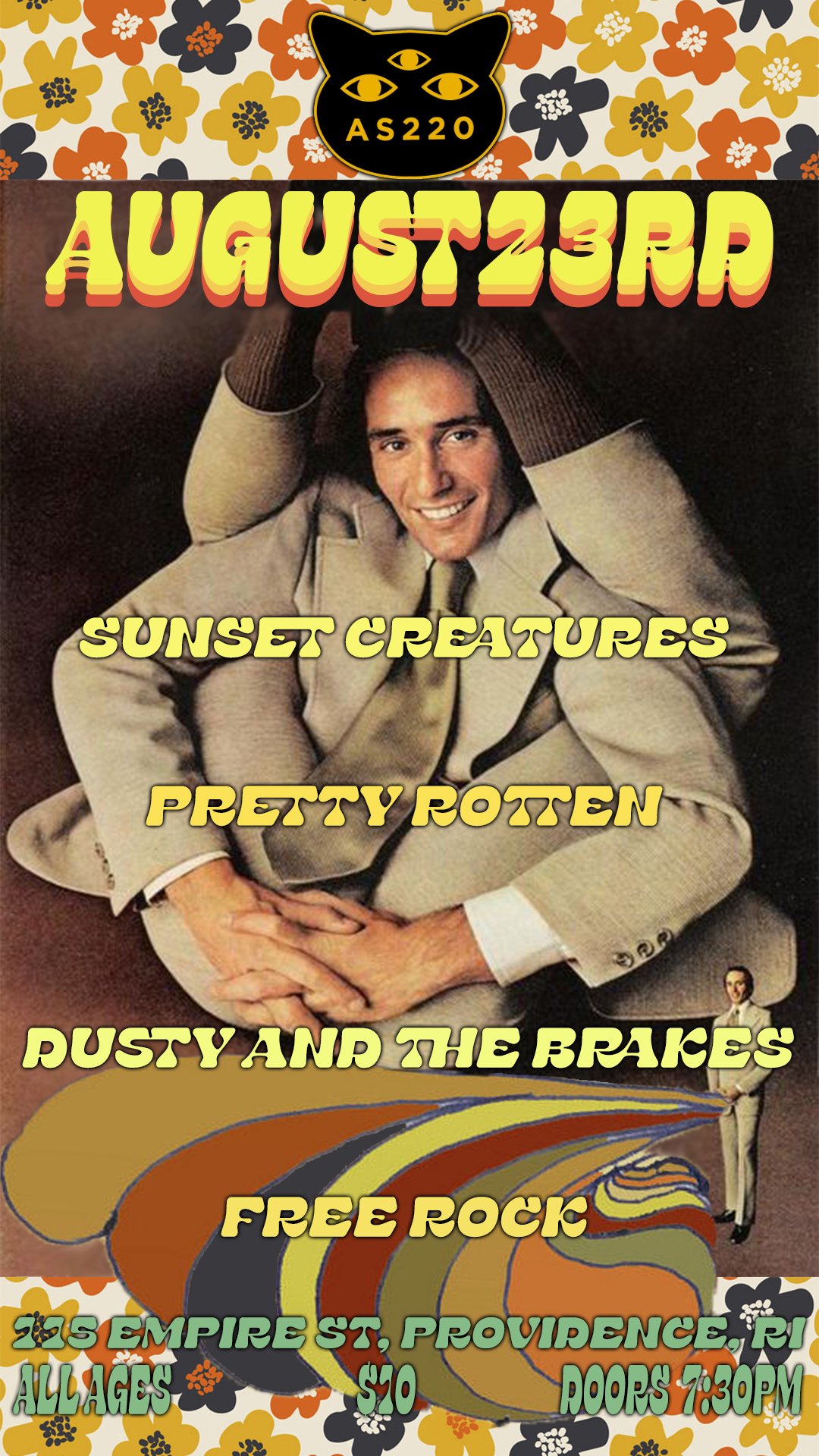 Flyer for 'Sunset Creatures, Pretty Rotten, Dusty and the Brakes, Free Rock'