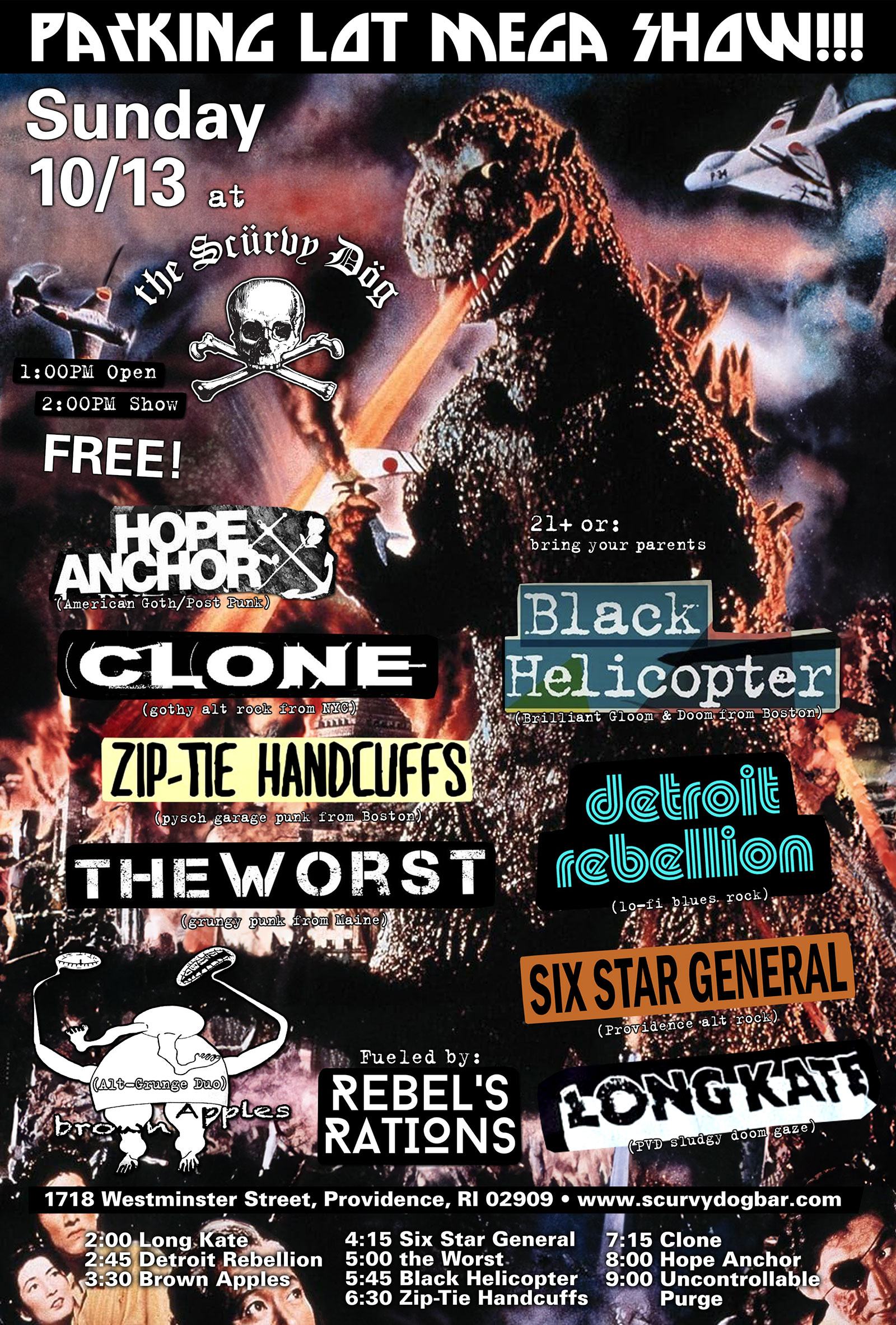 Flyer for 'Parking Lot Mega Show: Hope Anchor / Clone (NYC) / Zip-Tie Handcuffs / Black Helicopter / the Worst / Six Star General / Brown Apples / Detroit Rebellion / Long Kate'