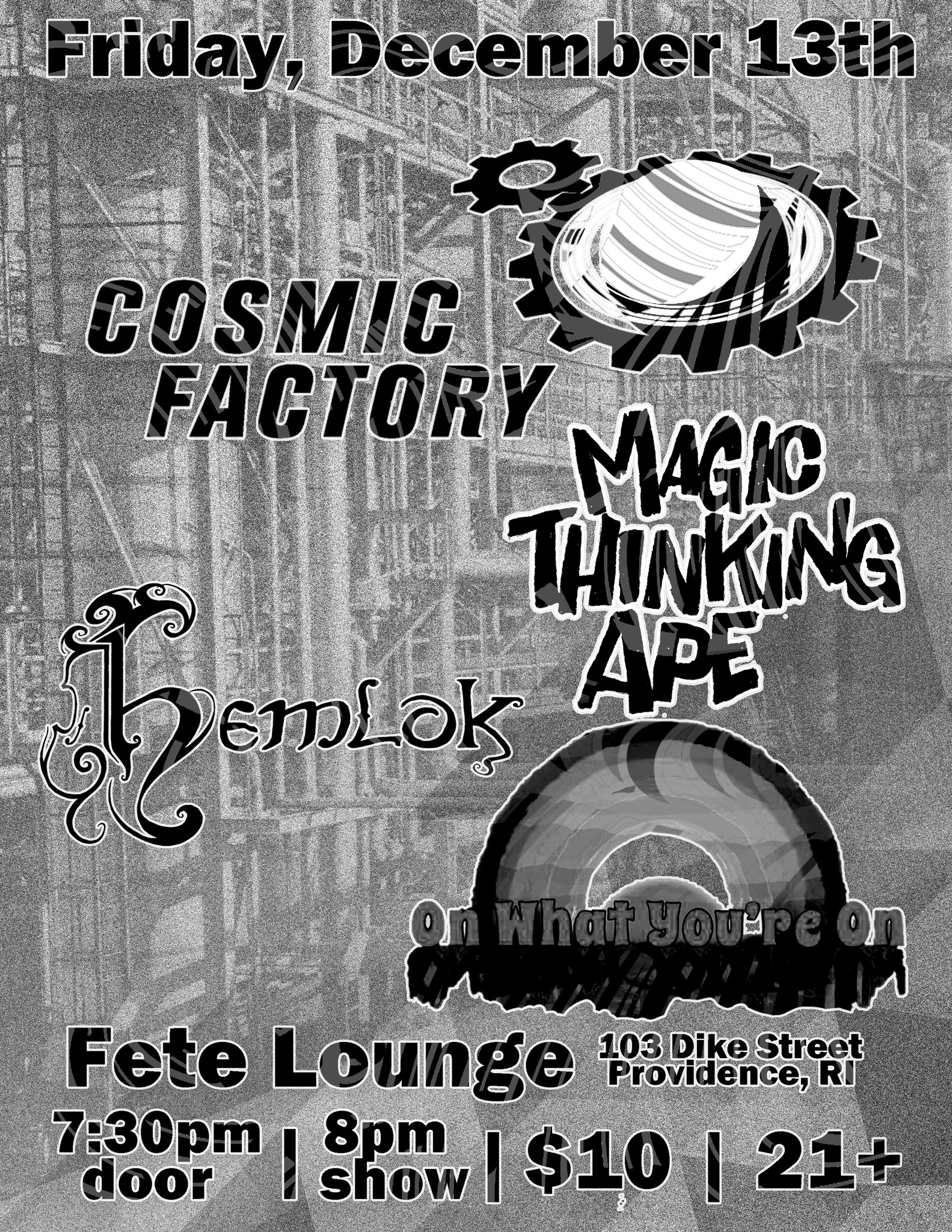 Flyer for 'The Cosmic Factory, Magic Thinking Ape, Hemlok, On What You’re On'