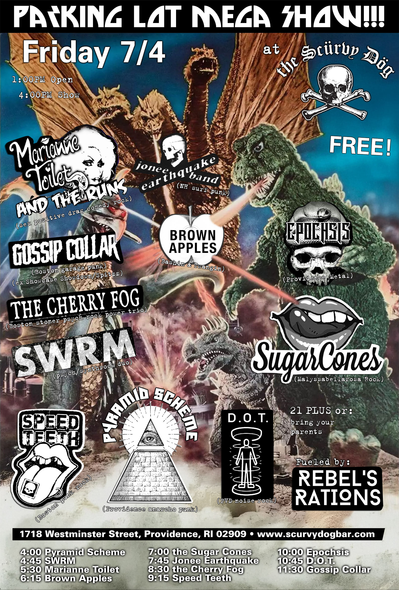 Flyer for 'Parking Lot Mega Show: Gossip Collar / Department of Teleportation / Epochsis / Speed Teeth / the Cherry Fog / Jonee Earthquake Band / the Sugar Cones / Brown Apples / Marianne Toilet & the Runs / SWRM / Pyramid Scheme'