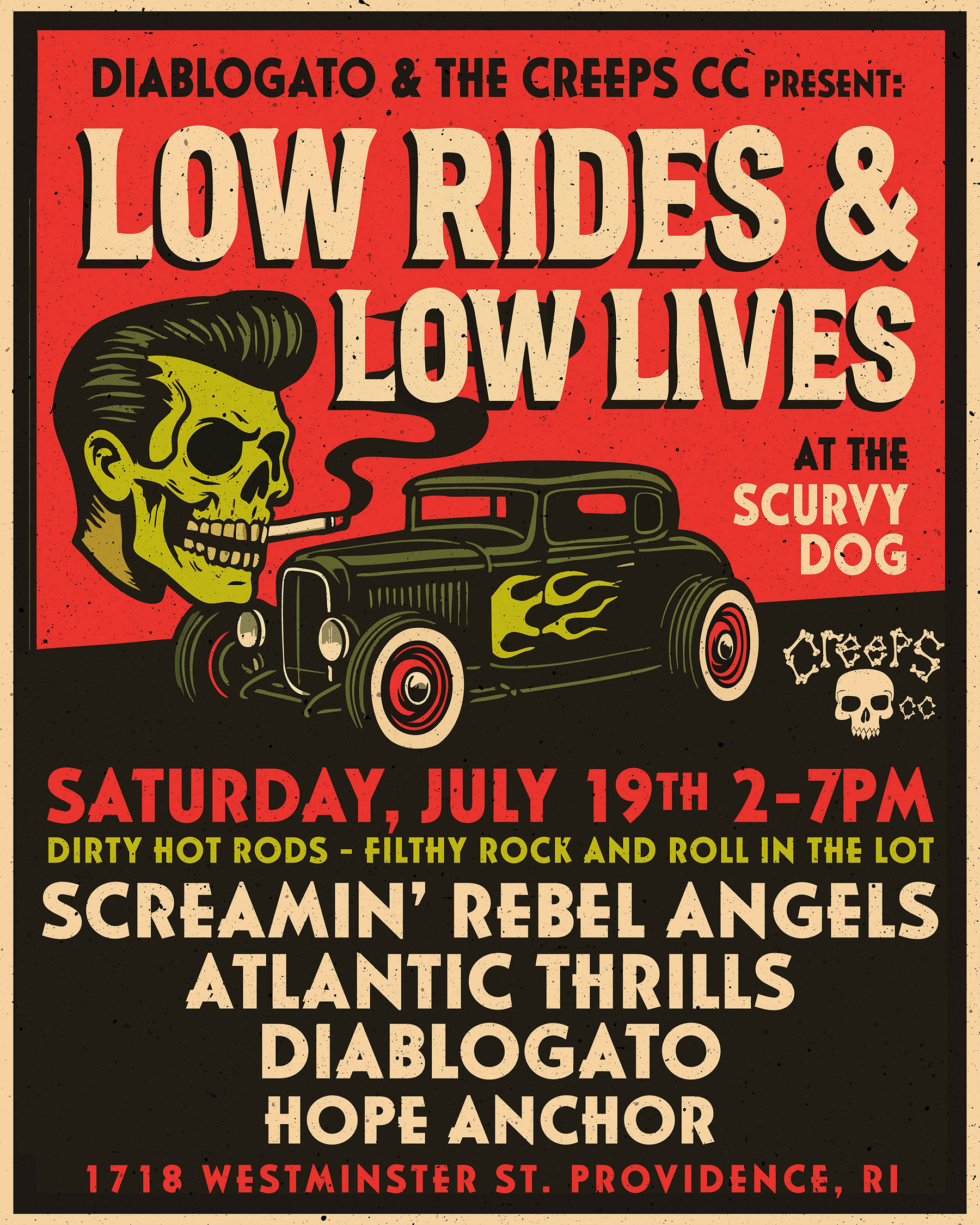 Flyer for 'Low Rides & Low Lives – Car Show: with Screamin’ Rebel Angels, Atlantic Thrills, Diablogato, and Hope Anchor'