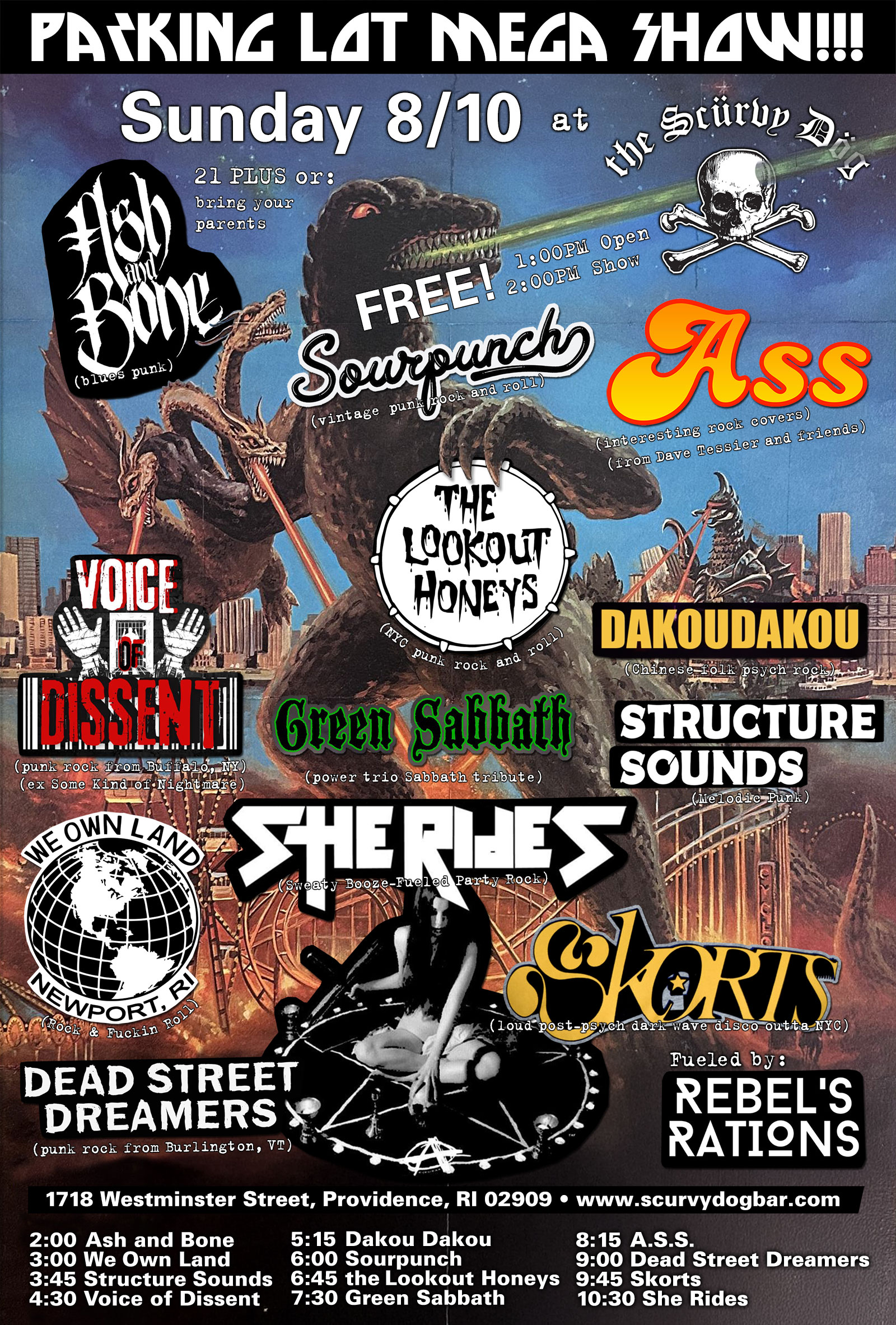 Flyer for 'Parking Lot Mega Show: She Rides / Skorts / Dave Tessier All-Star Stars / Dead Street Dreamers / Green Sabbath / the Lookout Honeys / Sourpunch / Dakou Dakou / Voice of Dissent / Structure Sounds / We Own Land / Ash and Bone'