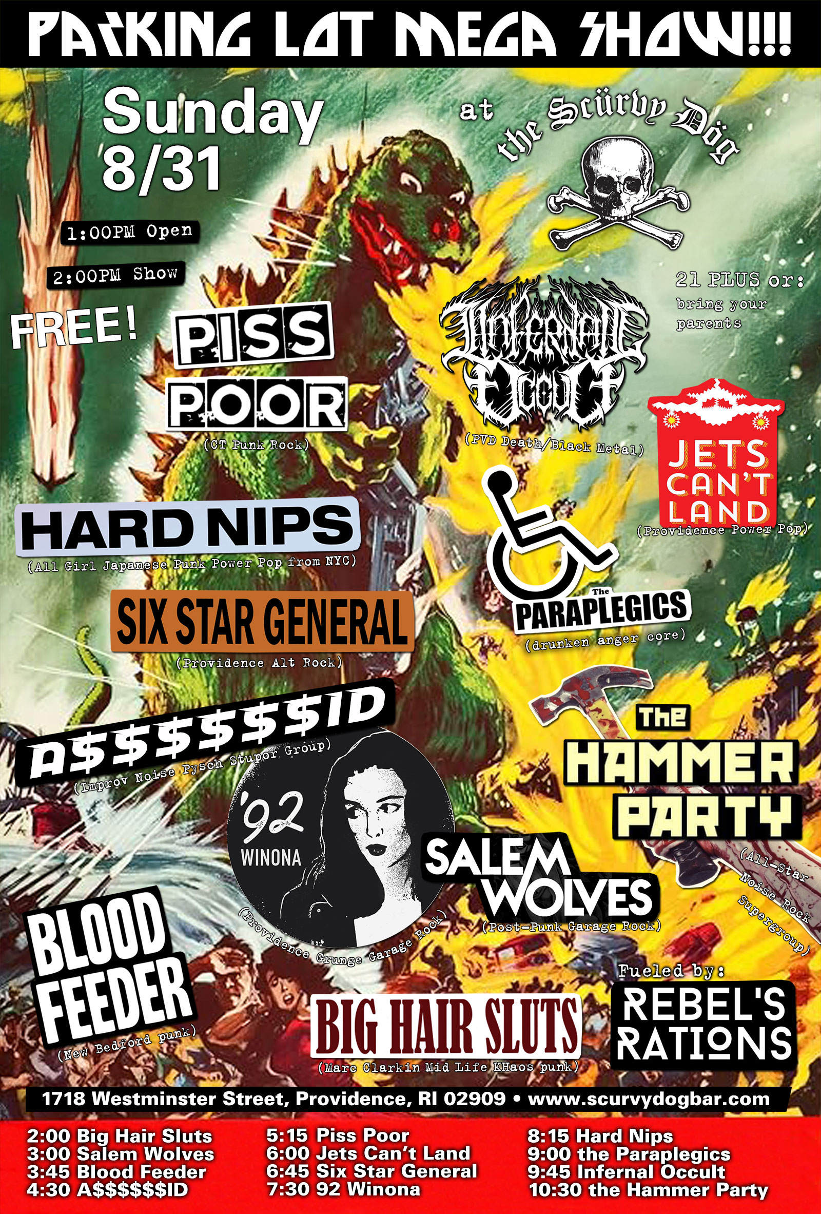 Flyer for 'Parking Lot Mega Show: the Hammer Party / Infernal Occult / Paraplegics / Hard Nips / 92 Winona / Six Star General / Jets Can’t Land / Piss Poor / A$$$$$$ID / Blood Feeder / Salem Wolves / Big Hair Sluts'