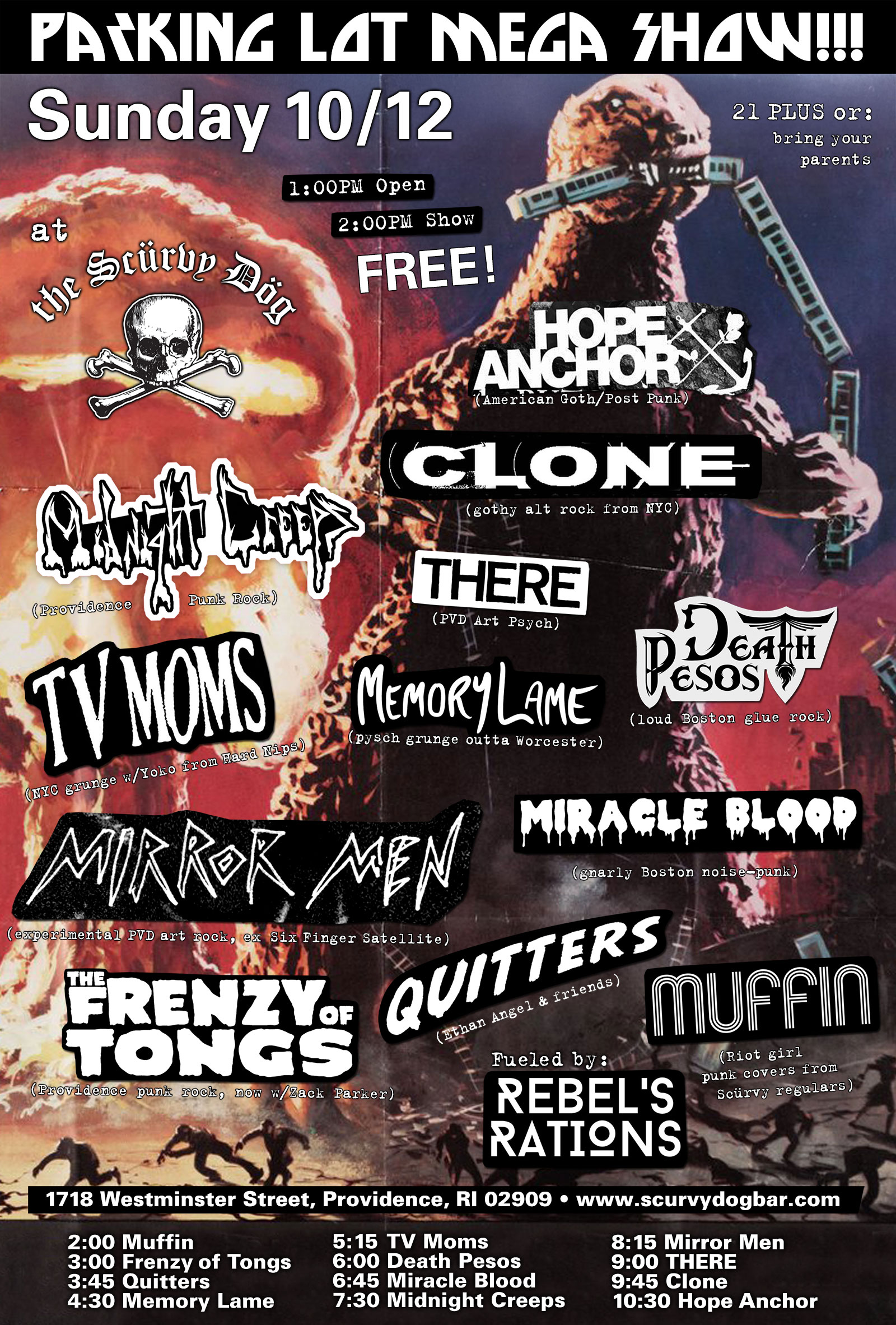 Flyer for 'Parking Lot Mega Show: Hope Anchor / Clone / THERE / Mirror Men / Midnight Creeps / Miracle Blood / Death Pesos / TV Moms / Memory Lame / Quitters / the Frenzy of Tongs / Muffin'
