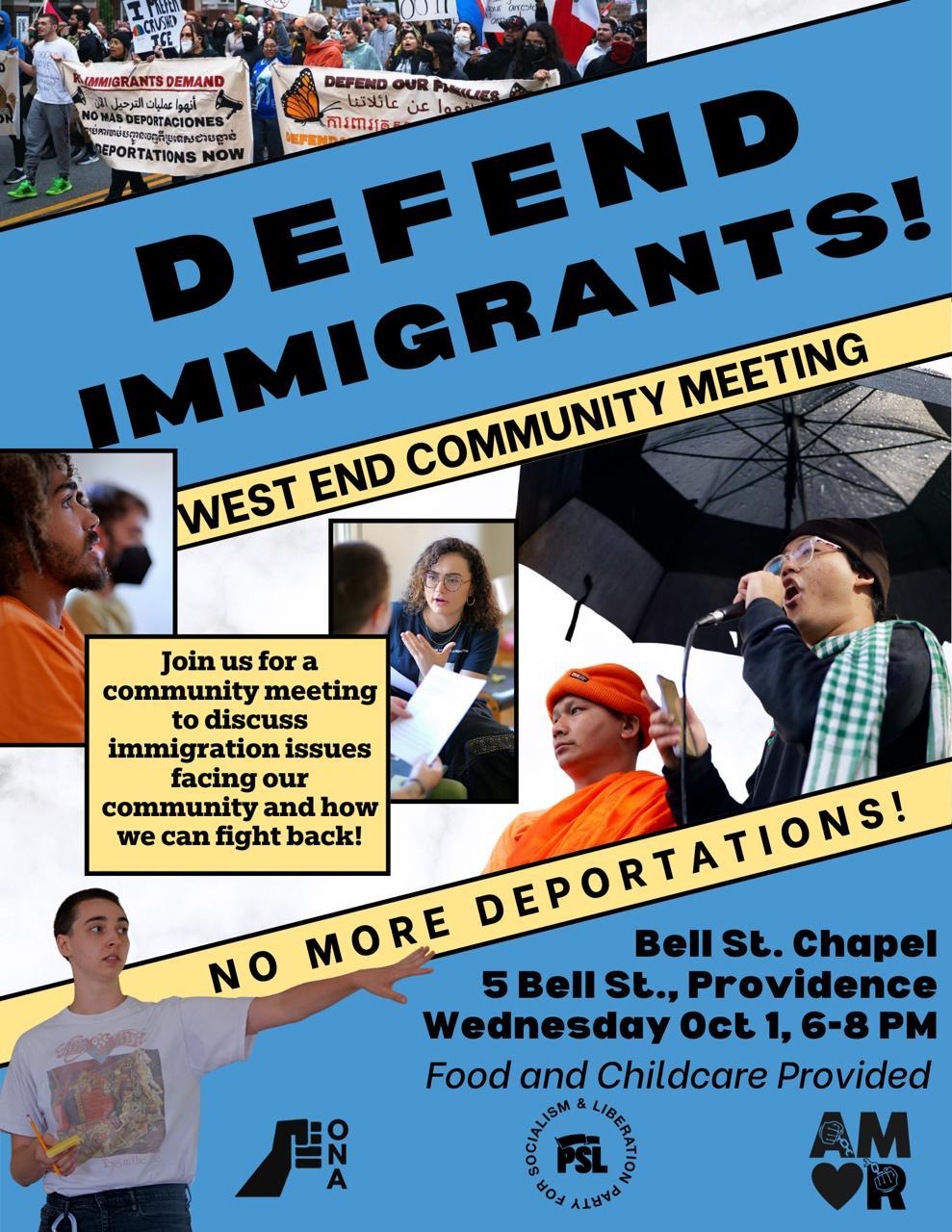Flyer for 'Defend Immigrants! West End Community Meeting'