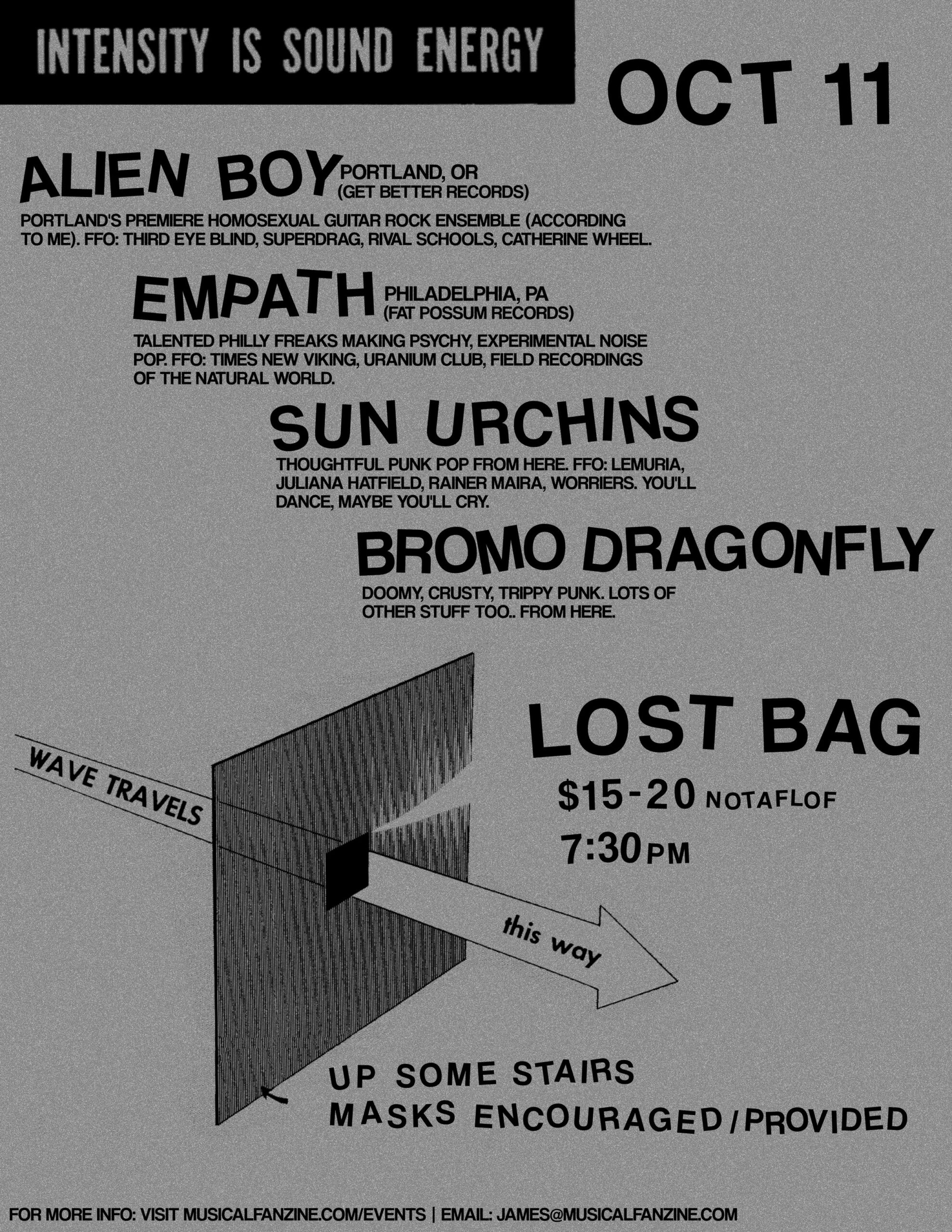Flyer for 'Alien Boy (PDX) // Empath (PHL) // Sun Urchins // Bromo Dragonfly'