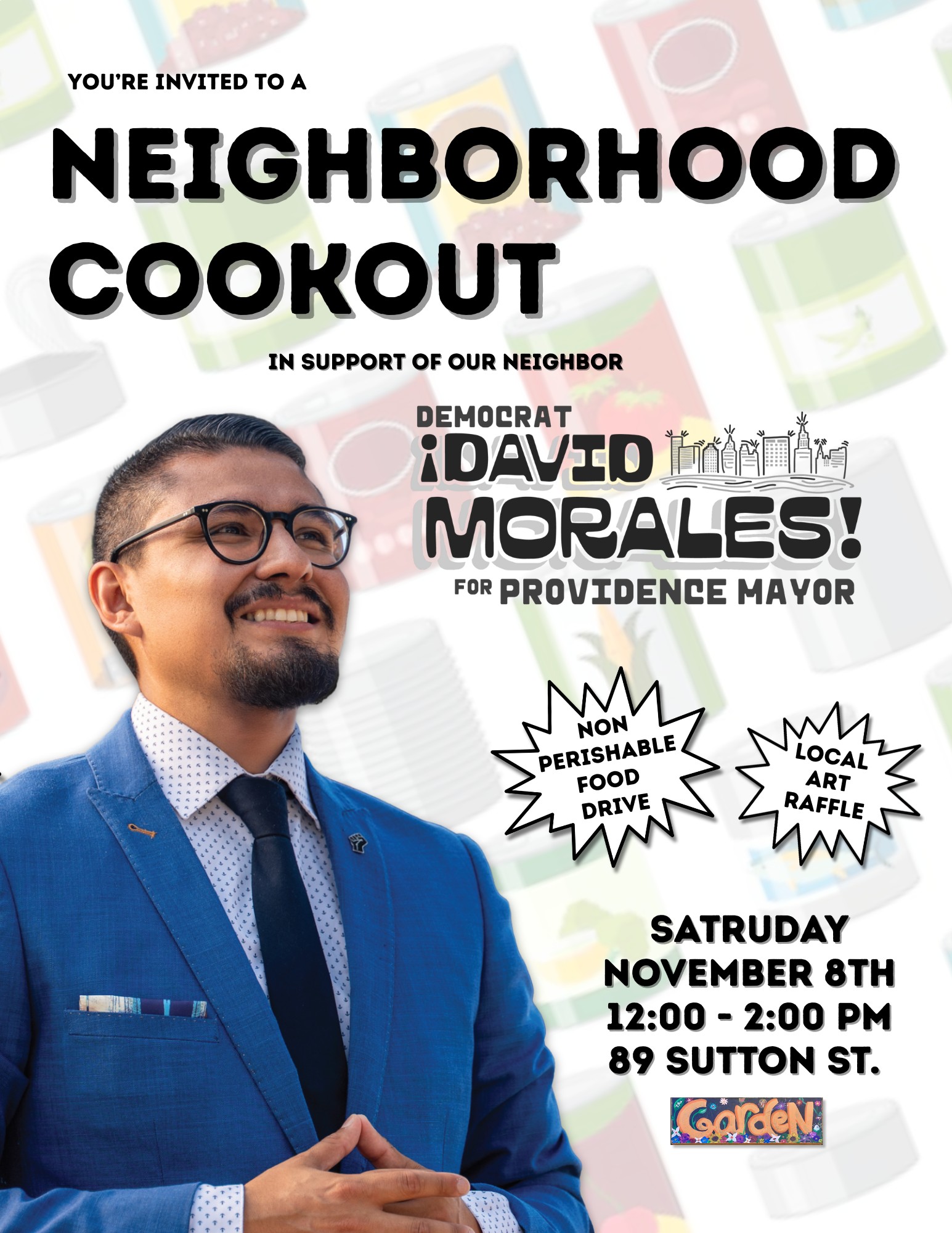 Flyer for 'Neighborhood Cookout: Food Drive, & Art Raffle to Support David Morales'