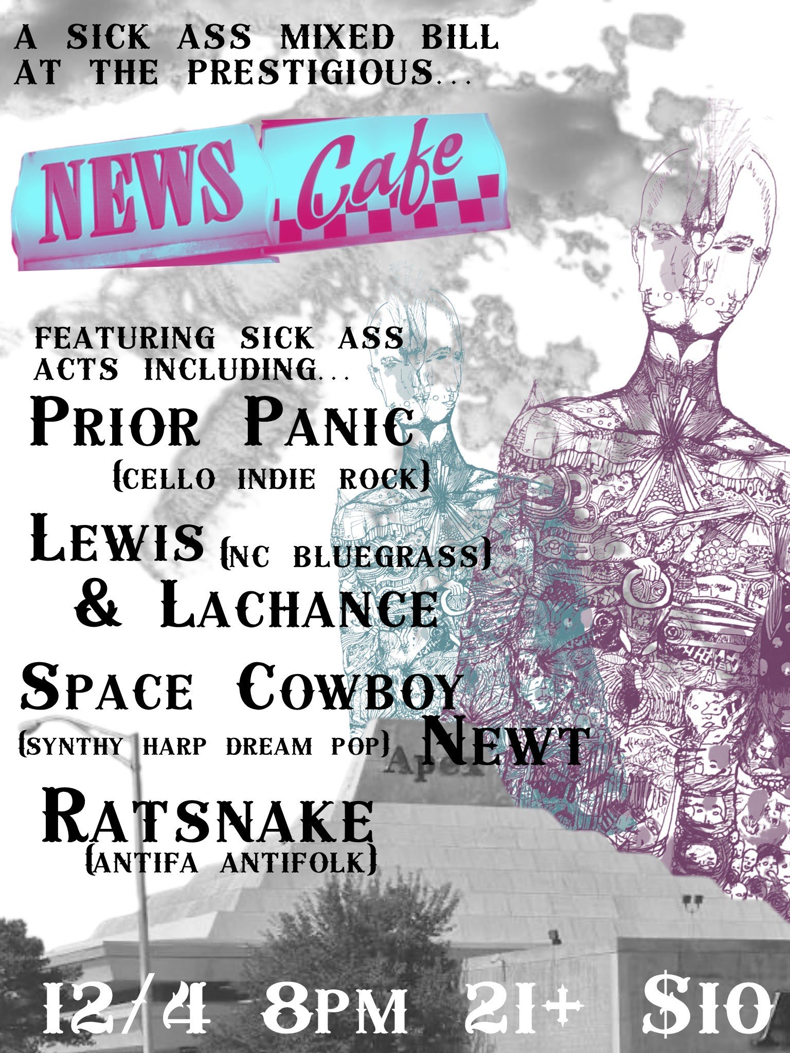 Flyer for 'prior panic, lewis & lachance, space cowboy newt, ratsnake'
