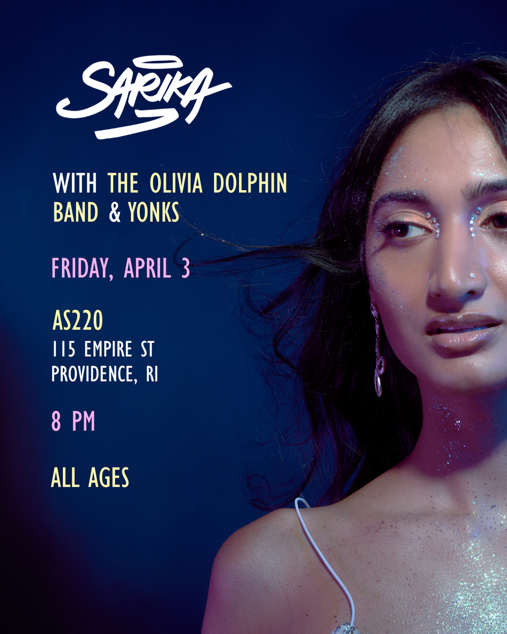 Flyer for 'SARIKA + The Olivia Dolphin Band + YONKS'