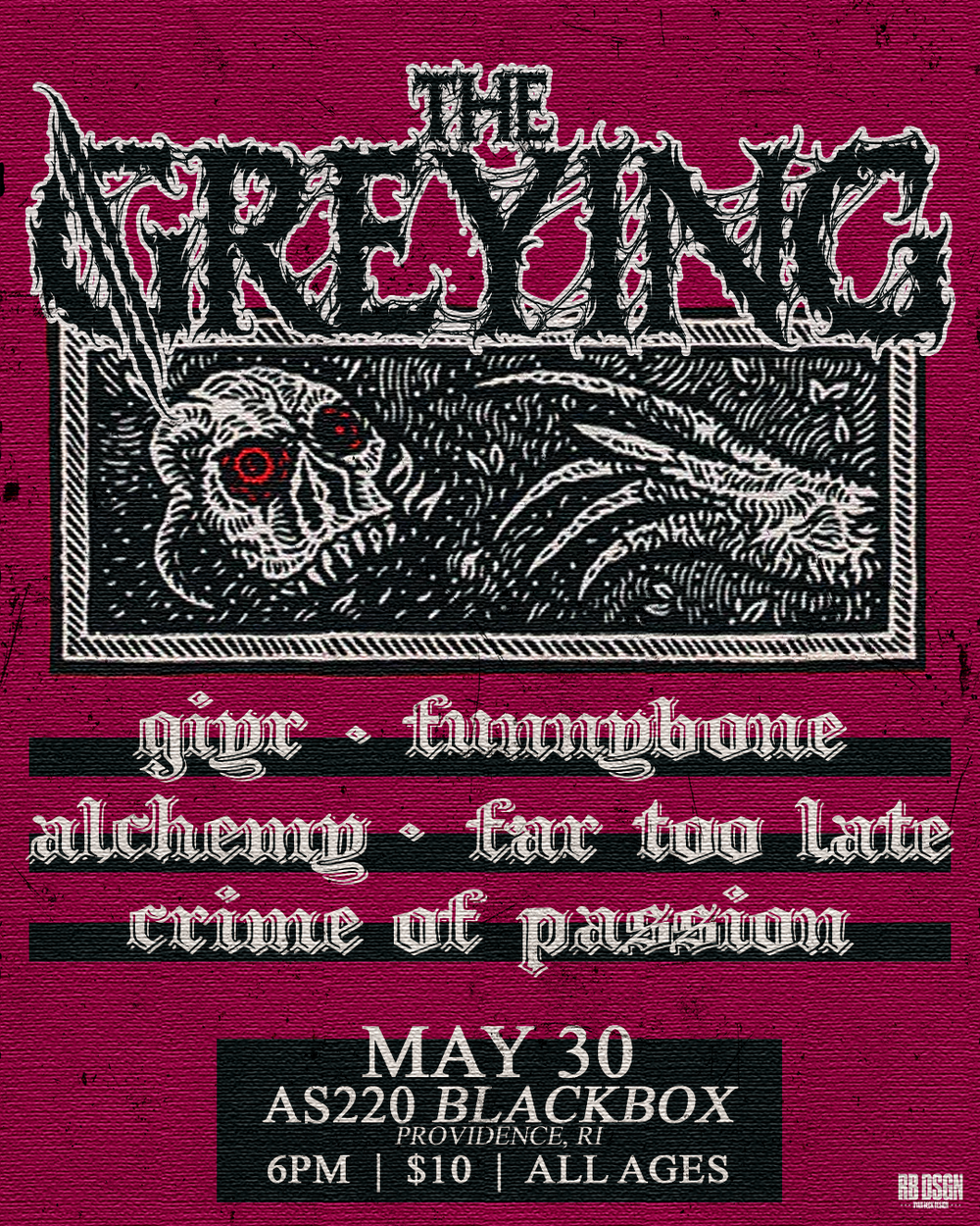 Flyer for 'The Greying + GIYR + Alchemy + Funnybone + Far Too Late + Crime of Passion'