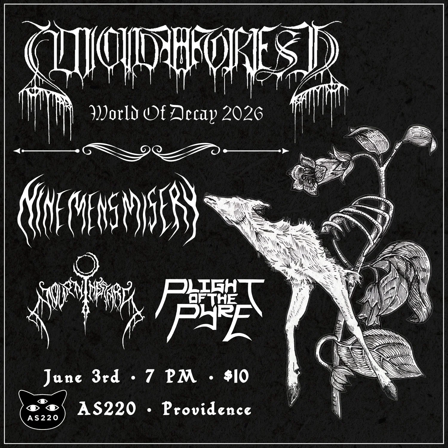 Flyer for 'Suicide Forest + Nine Men’s Misery + Mourn the Stars + Plight of the Pyre'