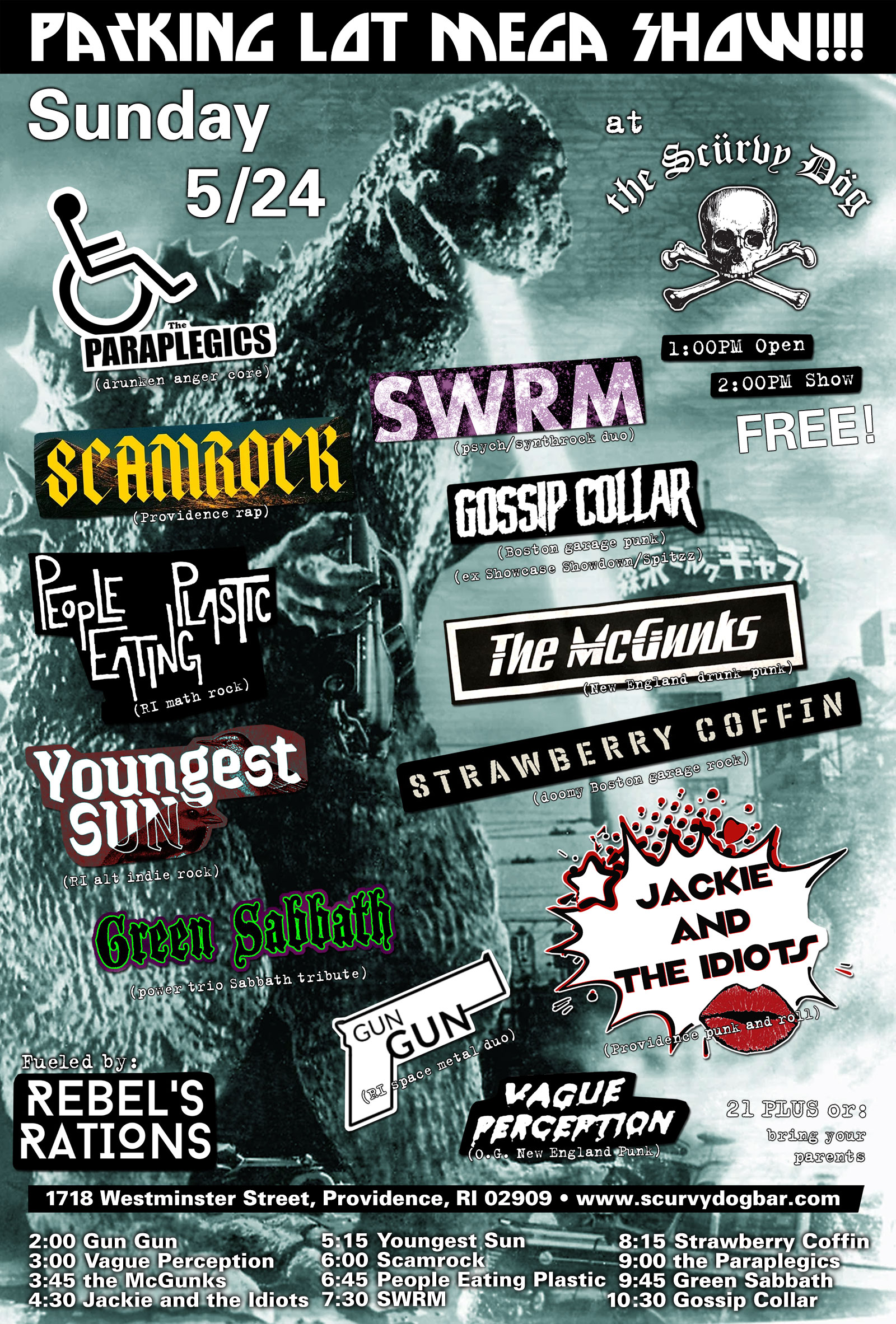 Flyer for 'Scurvy Dog Parking Lot Mega Show with Gossip Collar / Green Sabbath / the Paraplegics / Strawberry Coffin / SWRM / People Eating Plastic / Scamrock / Youngest Sun / Jackie and the Idiots / the McGunks / Vague Perception / Gun Gun'