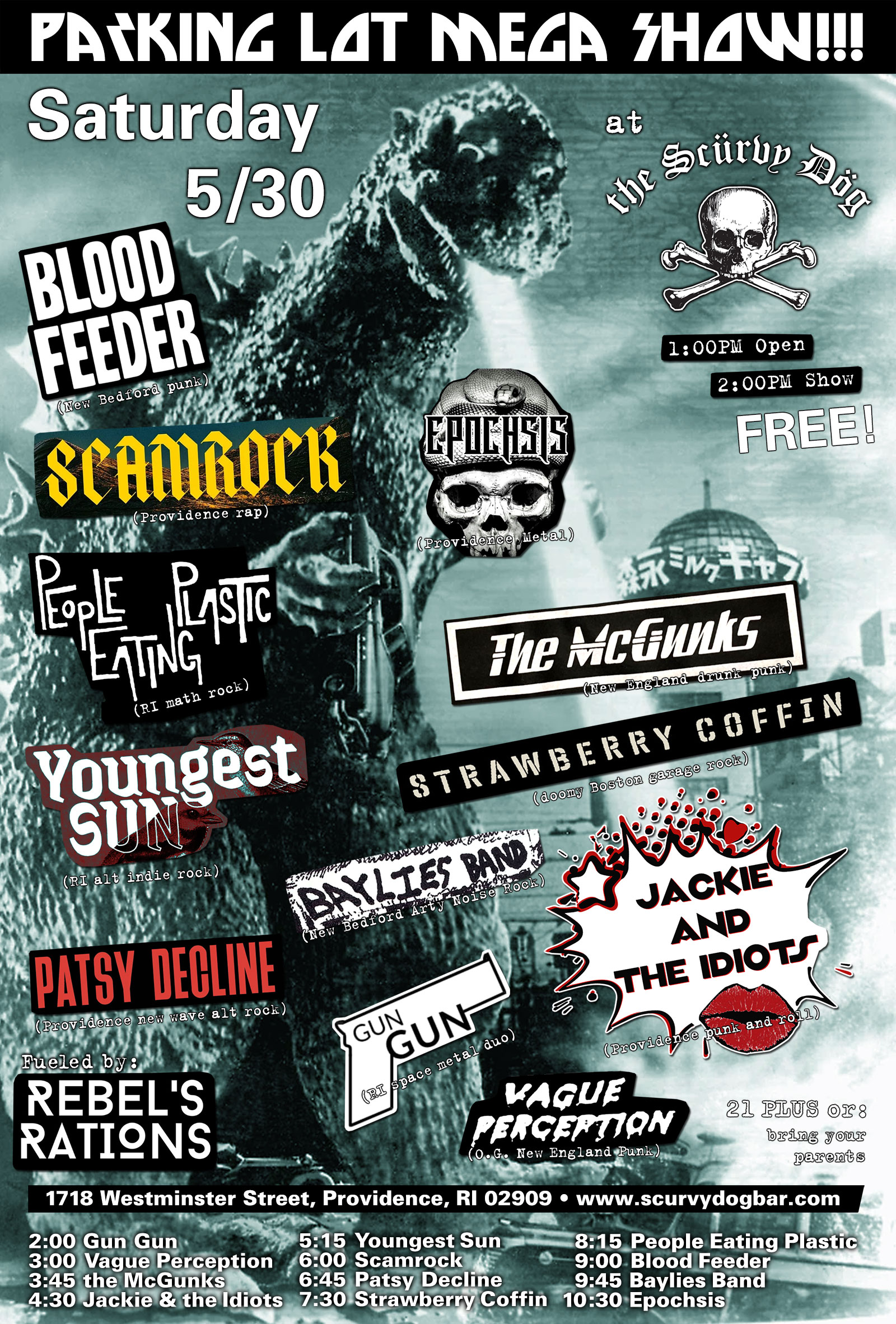 Flyer for 'Scurvy Dog Parking Lot Mega Show with Epochsis / Baylies Band / Blood Feeder / People Eating Plastic / Strawberry Coffin / Patsy Decline / Scamrock / Youngest Sun / Jackie and the Idiots / the McGunks / Vague Perception / Gun Gun'