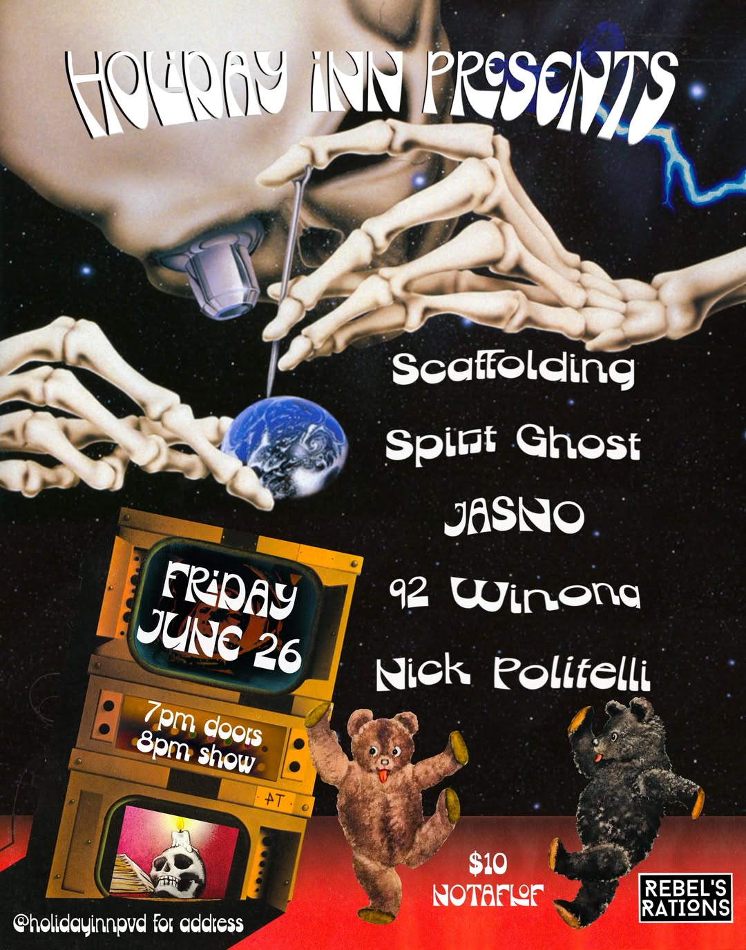 Flyer for 'Holiday Inn Presents: Scaffolding // Spirit Ghost // JASNO (NYC) // ’92 Winona // Nick Politelli'