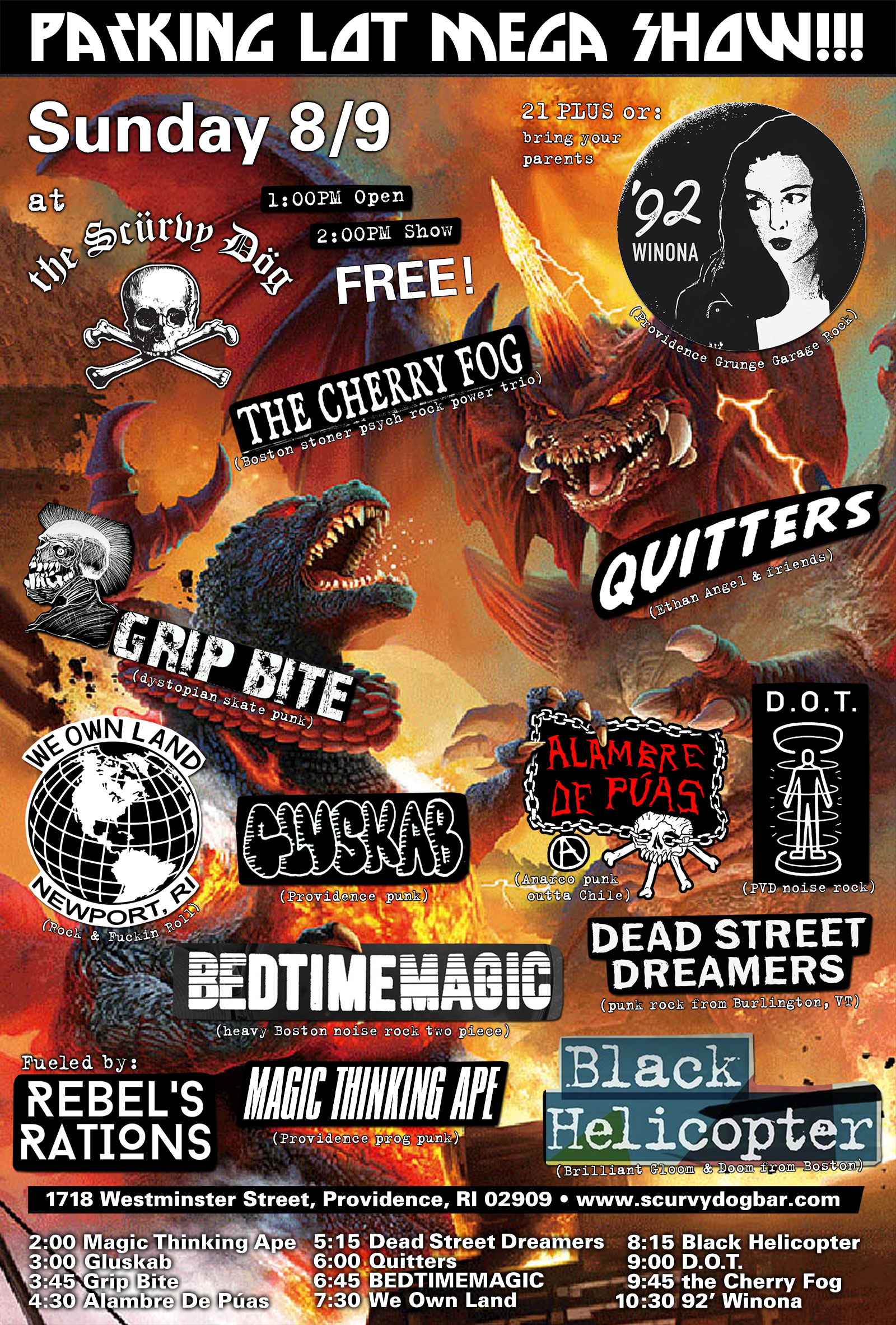 Flyer for 'Parking Lot Mega Show: Department of Teleportation / Black Helicopter / 92’ Winona / the Cherry Fog / We Own Land / BEDTIMEMAGIC / Quitters / Dead Street Dreamers / Grip Bite / Typhoid Mary / Gluskab / Magic Thinking Ape'