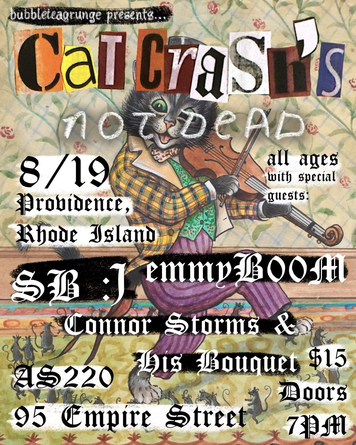 Flyer for 'Cat Crash, emmyBOOM, Connor Storms & His Bouquet'