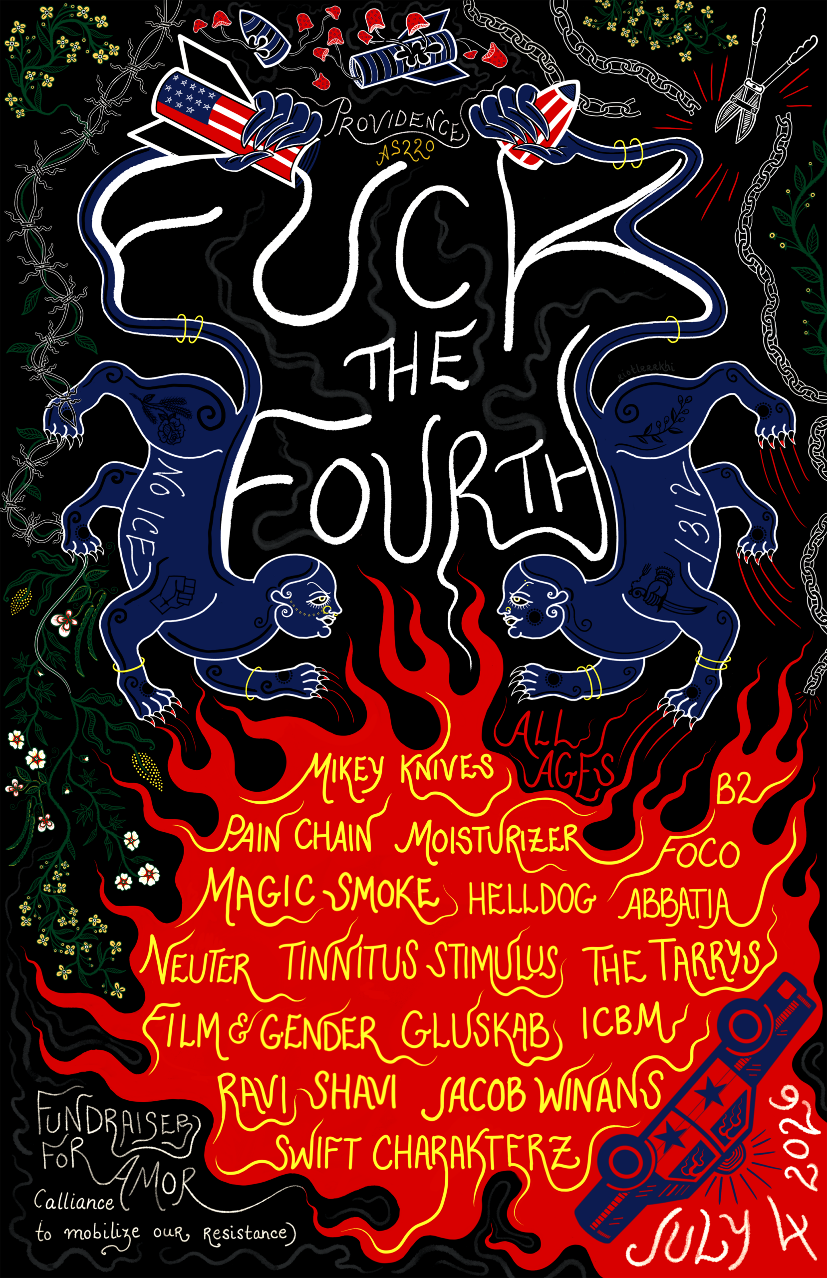 Flyer for 'Fuck the Fourth Fest – Abbatia, Film & Gender, The Tarry’s, Foco, Ravi Shavi and more!'