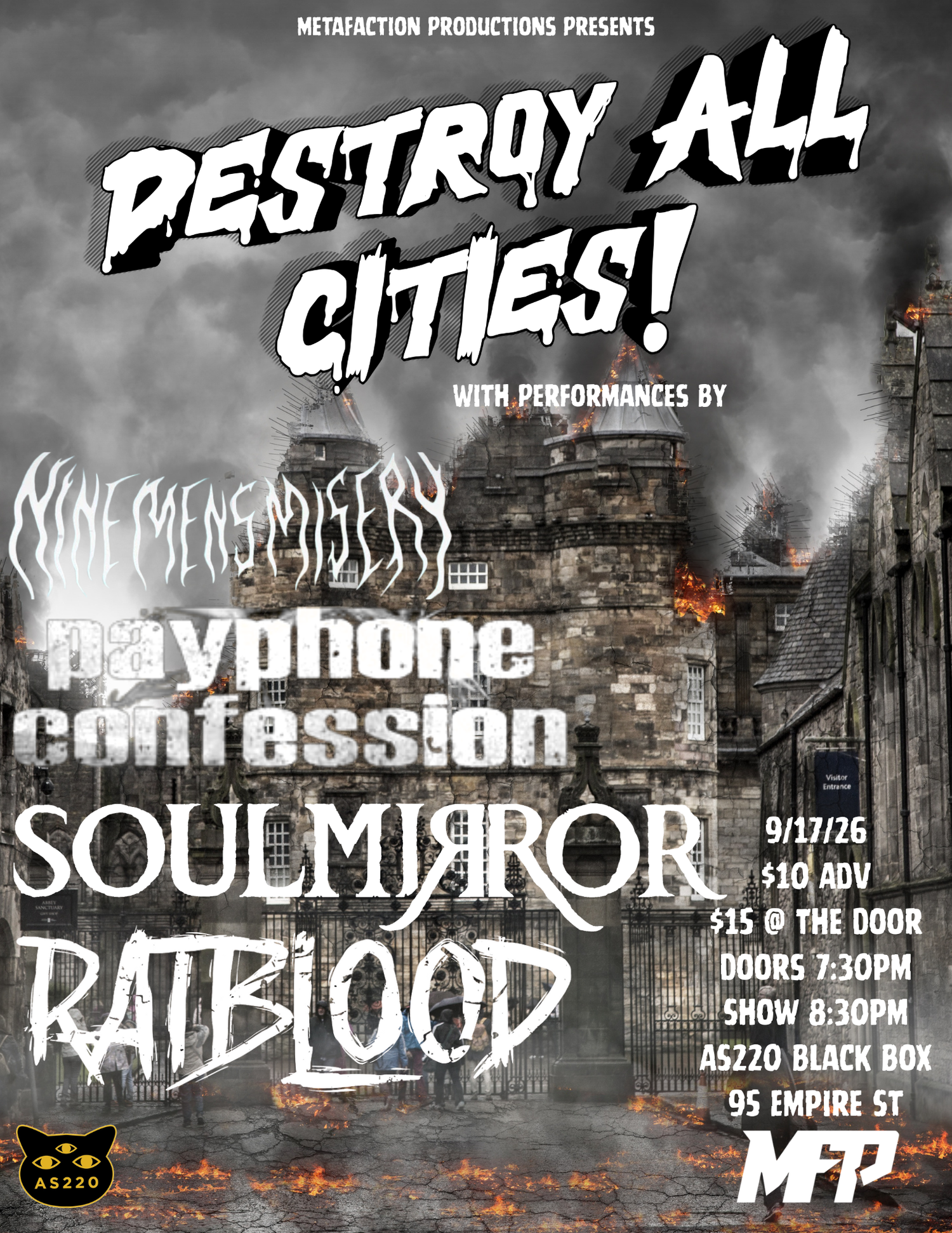Flyer for 'Destroy All Cities! – Nine Mens Misery, Payphone Confessions, Soul Mirror, Ratblood'