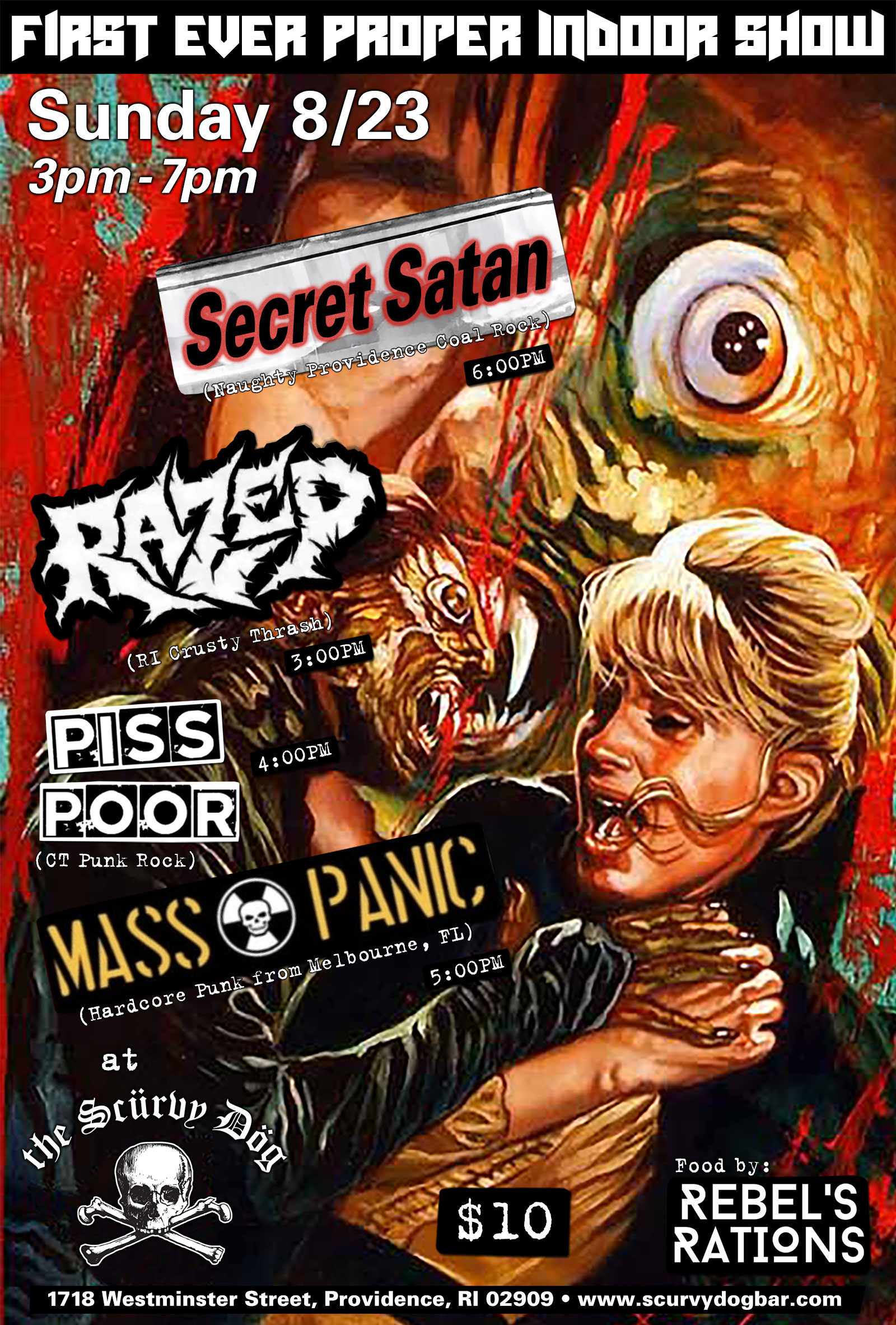 Flyer for 'Secret Satan / Mass Panic (FL) / Piss Poor / Razed'