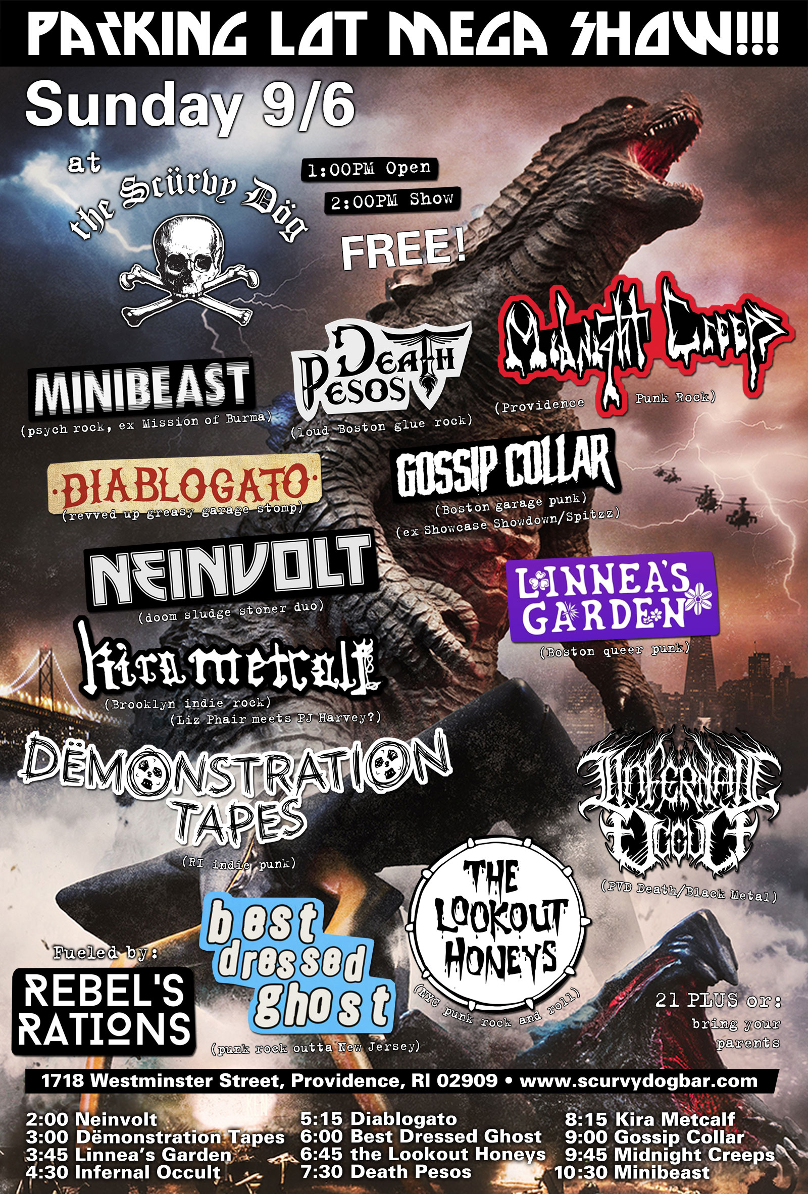 Flyer for 'Scurv Dog Parking Lot Show: Midnight Creeps / Gossip Collar / Kira Metcalf / Death Pesos / the Lookout Honeys / Best Dressed Ghost / Diablogato / Infernal Occult / Linnea’s Garden / Dëmonstration Tapes / Neinvolt'