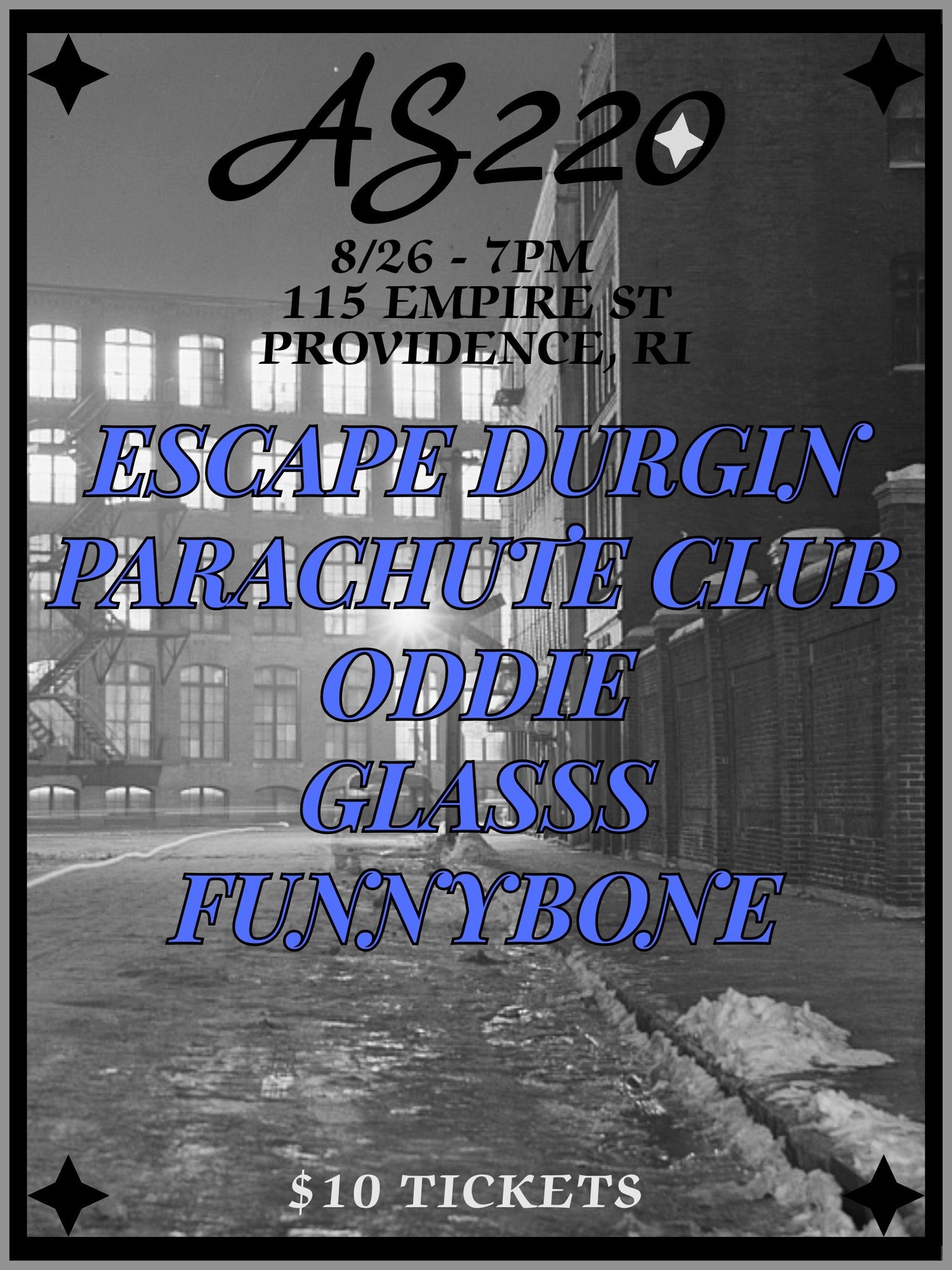 Flyer for 'Escape Durgin, Parachute Club, Oddie, Glasss, Funnybone'