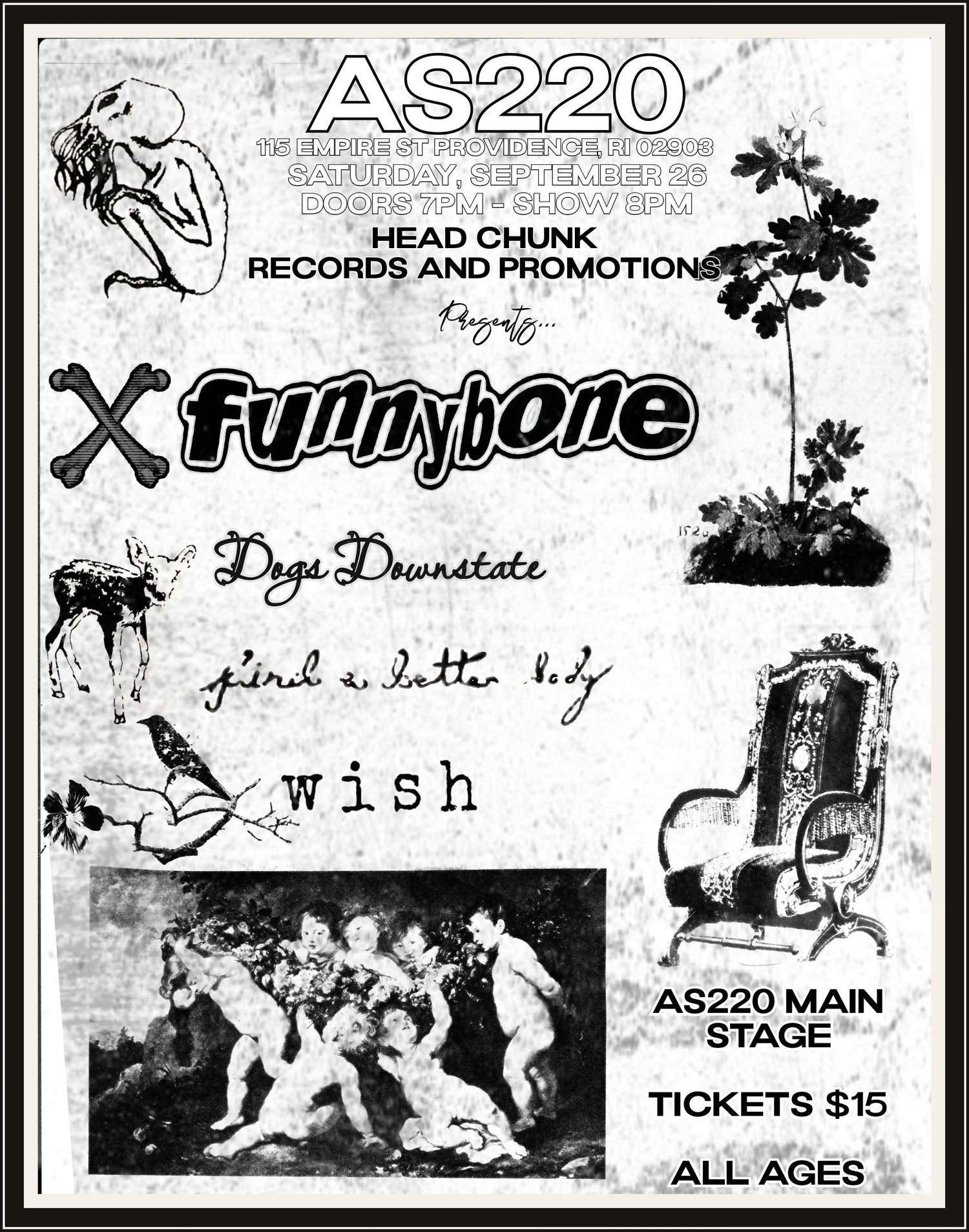 Flyer for 'funnybone, dogs downstate, find a better body, wish'